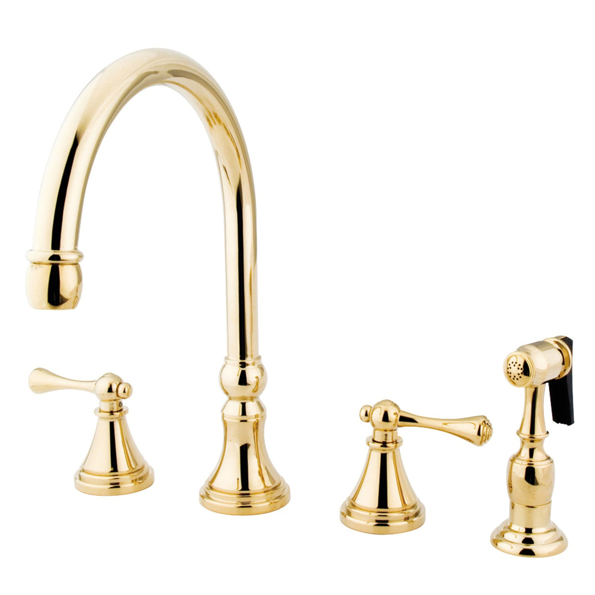 Governor Double-Handle Widespread Kitchen Faucet with Brass Sprayer in Polished Brass