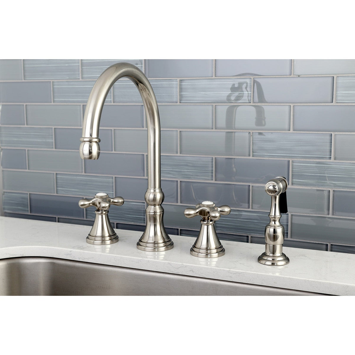 Governor Double-Handle Widespread Kitchen Faucet with Brass Sprayer in Brushed Nickel