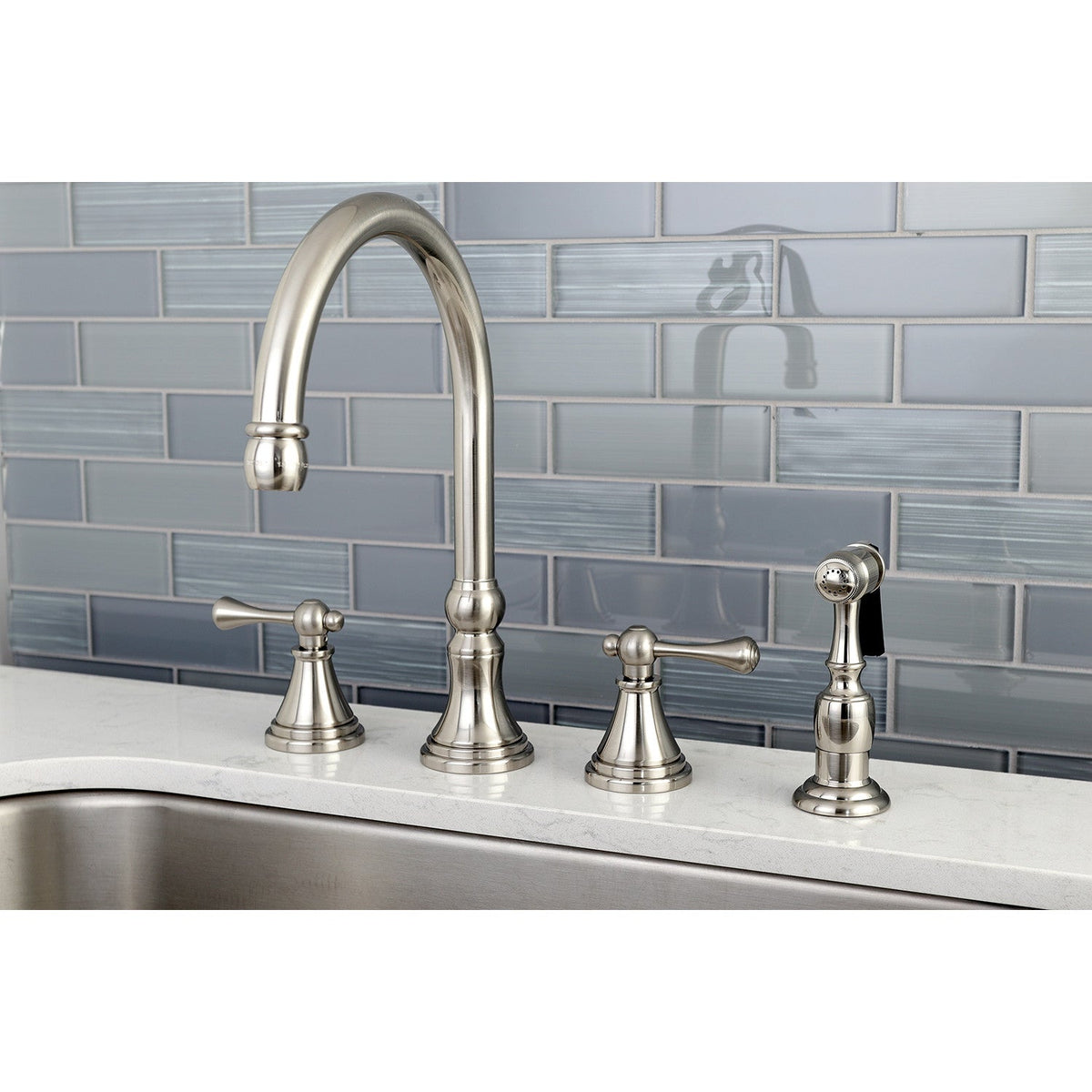 Governor Double-Handle Widespread Kitchen Faucet with Brass Sprayer in Brushed Nickel