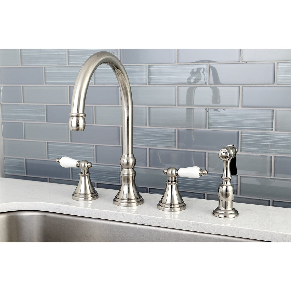 Governor Double-Handle Widespread Kitchen Faucet with Brass Sprayer in Brushed Nickel