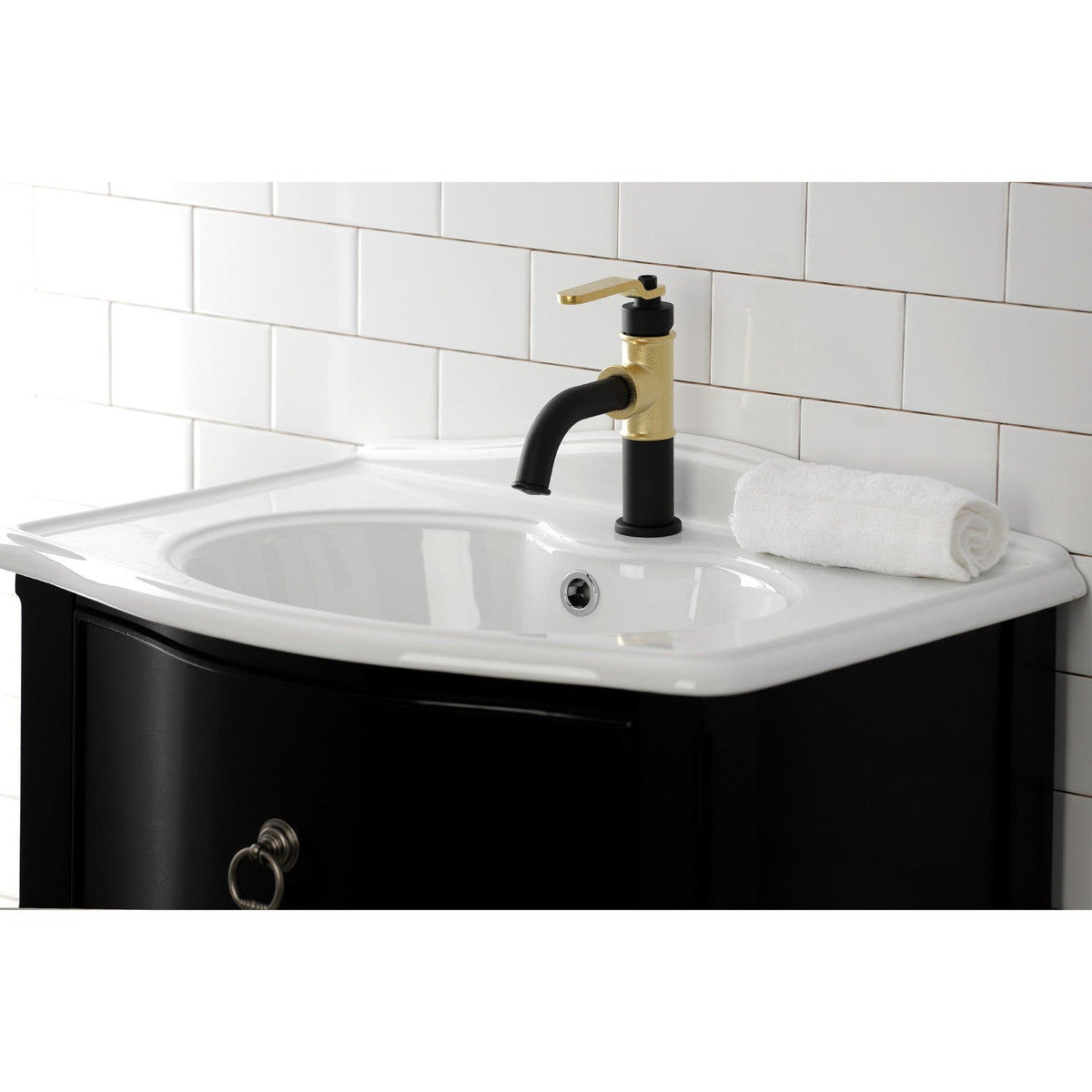 Whitaker One-Handle Single-Hole Bathroom Faucet with Push Pop-Up Drain in Matte Black/Polished Brass