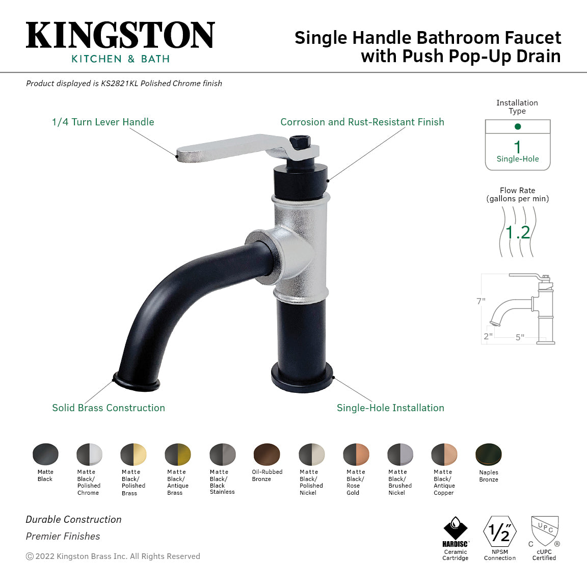 Whitaker One-Handle Single-Hole Bathroom Faucet with Push Pop-Up Drain in Matte Black/Black Stainless