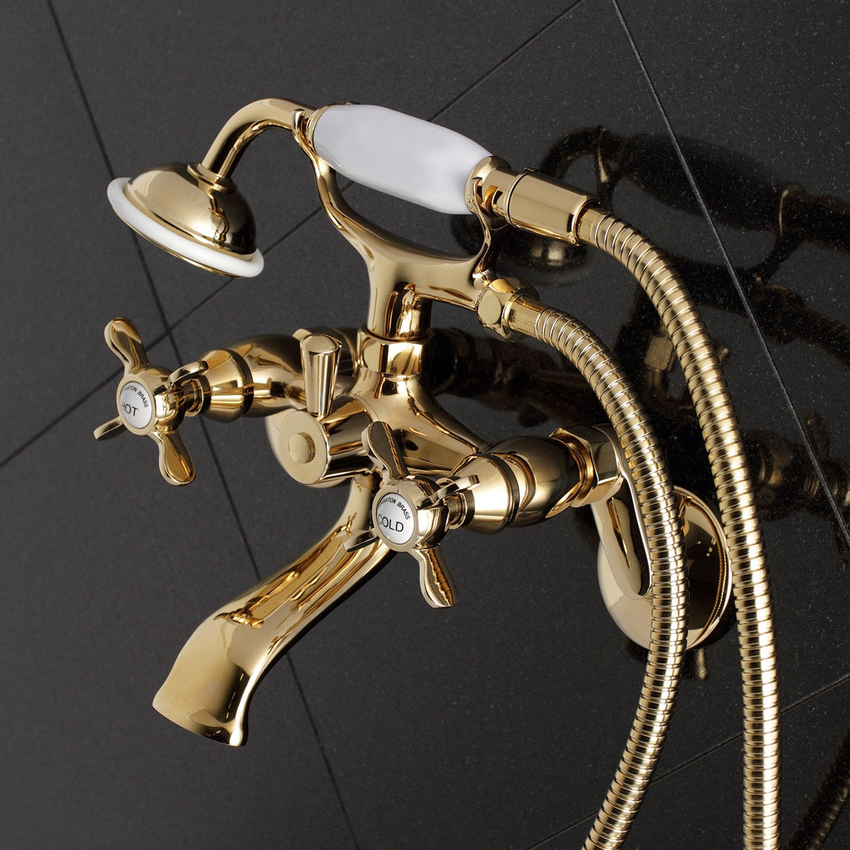 Essex Wall Mount Clawfoot Tub Faucet with Hand Shower in Polished Brass
