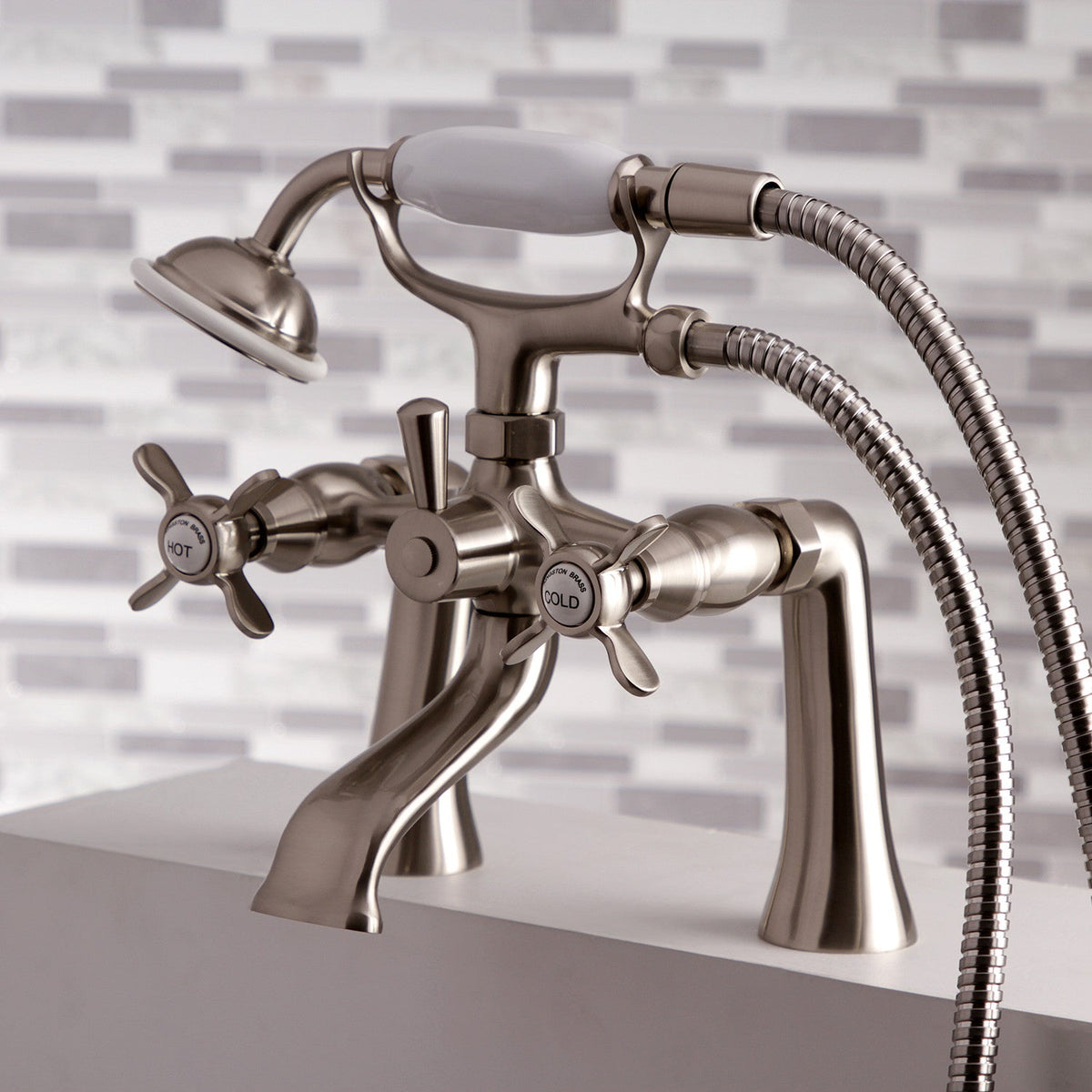 Essex 7" Center Deck-Mount Clawfoot Tub Faucet with Hand Shower in Brushed Nickel