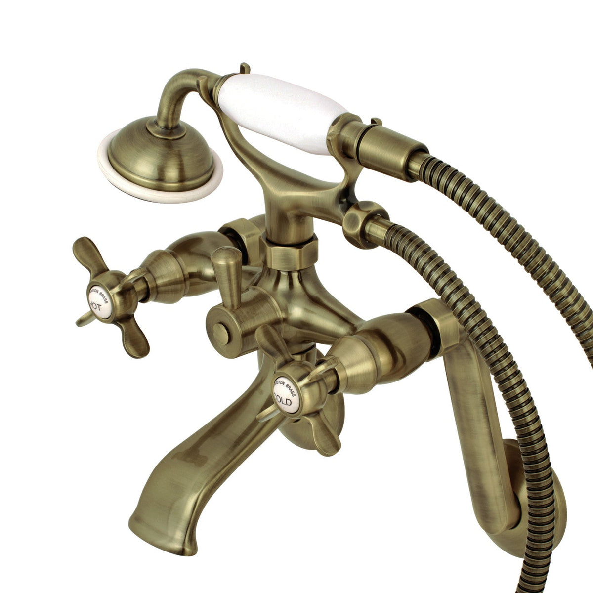 Kingston Tub Wall Mount Clawfoot Tub Faucet with Hand Shower in Antique Brass