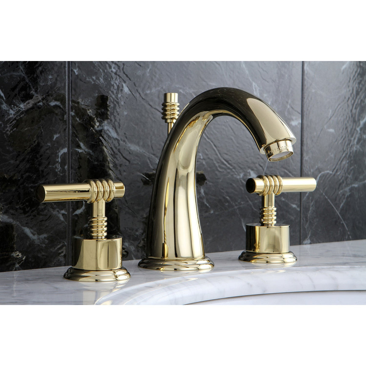 Milano Widespread Bathroom Faucet with Brass Pop-Up in Polished Brass
