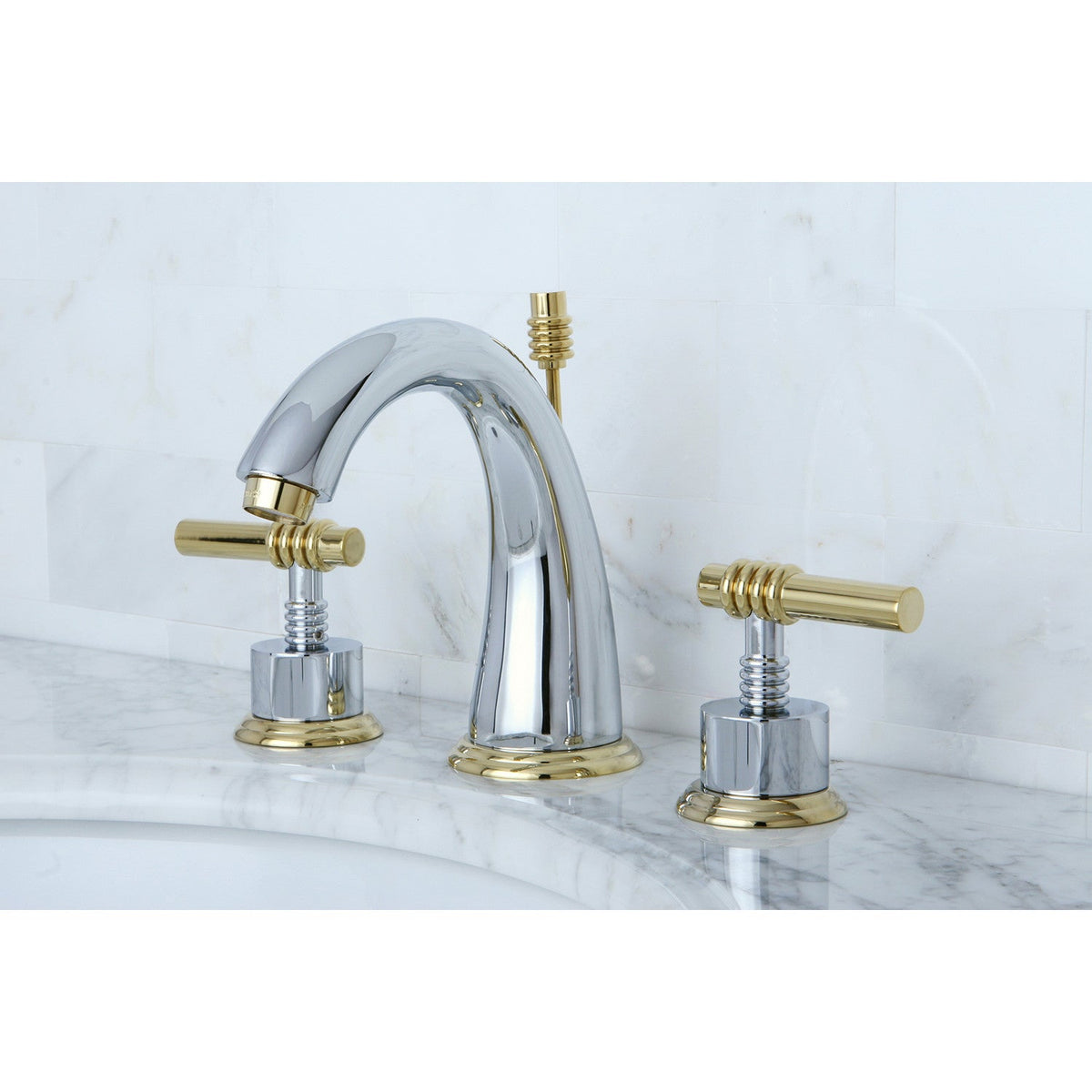 Milano Widespread Bathroom Faucet with Brass Pop-Up in Polished Chrome/Polished Brass