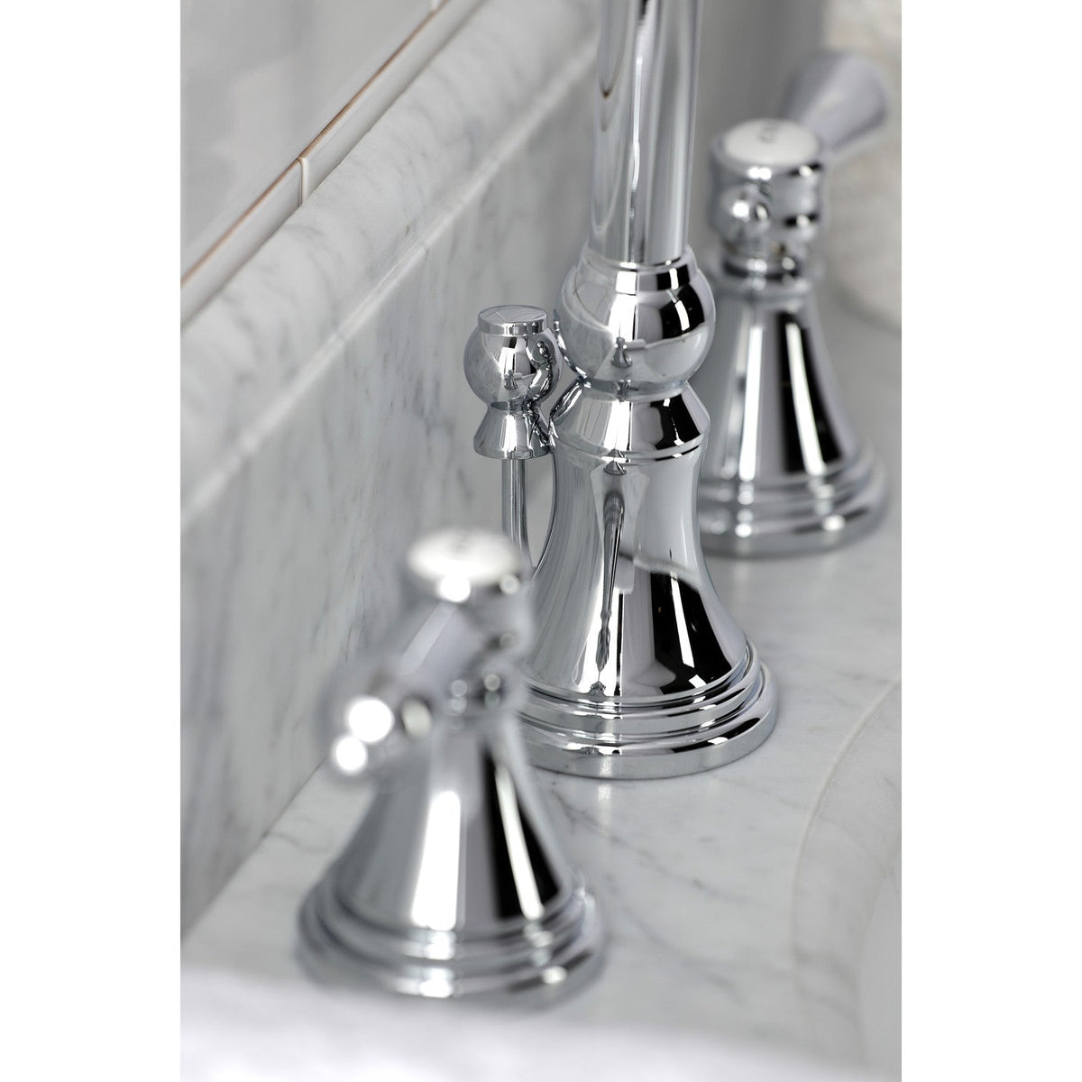 Heirloom Widespread Bathroom Faucet with Brass Pop-Up in Polished Chrome