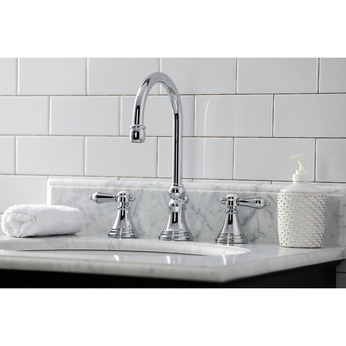 Heirloom Widespread Bathroom Faucet with Brass Pop-Up in Polished Chrome
