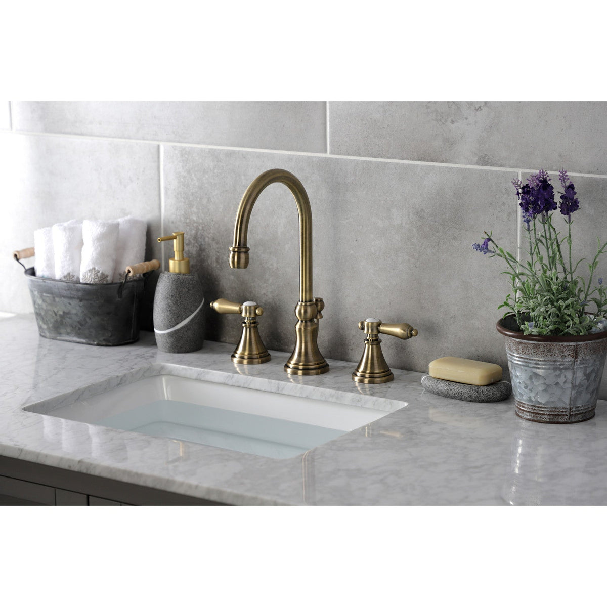 Heirloom Widespread Bathroom Faucet with Brass Pop-Up in Antique Brass