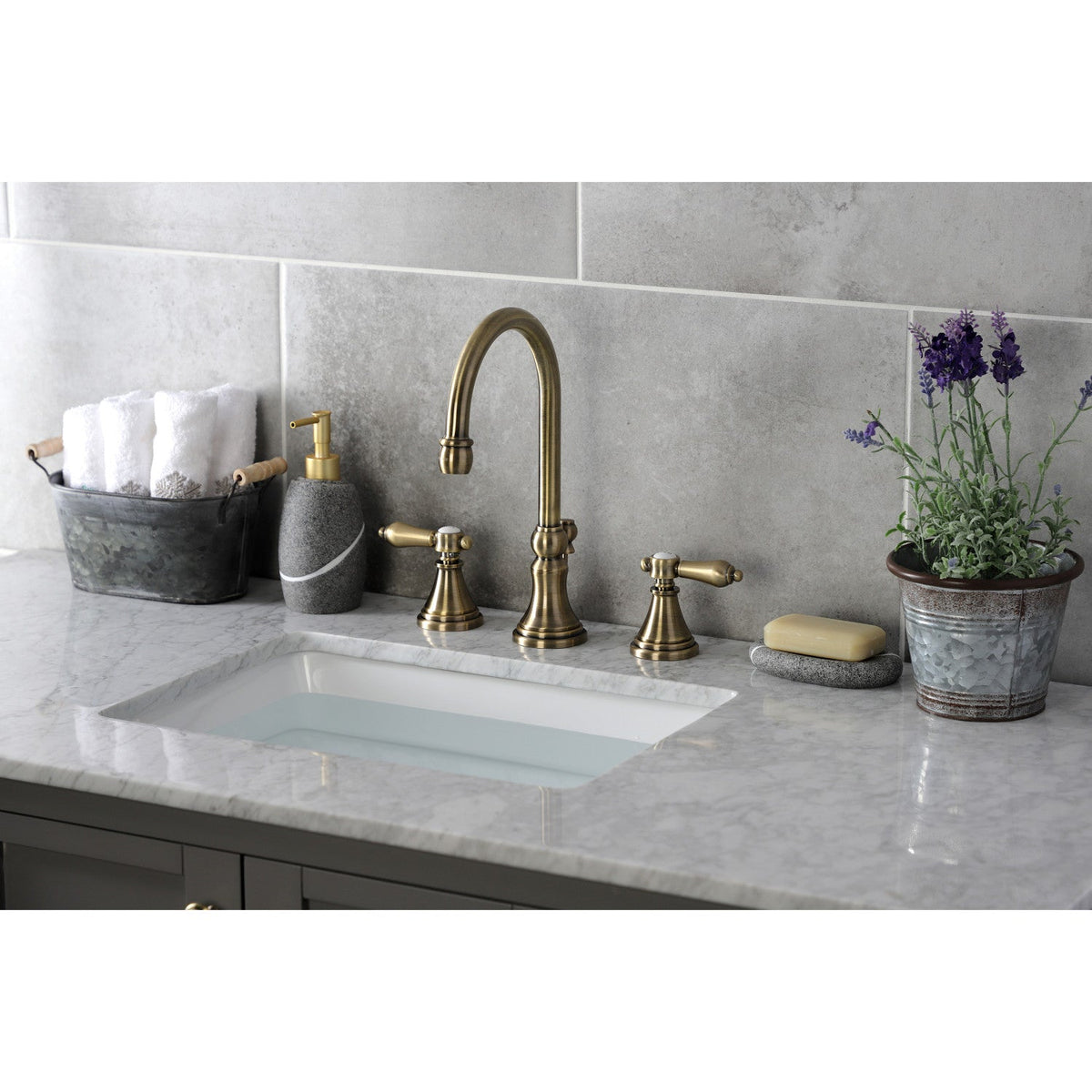 Heirloom Widespread Bathroom Faucet with Brass Pop-Up in Antique Brass