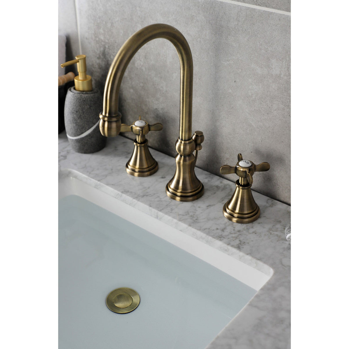 Essex Widespread Bathroom Faucet with Brass Pop-Up in Antique Brass