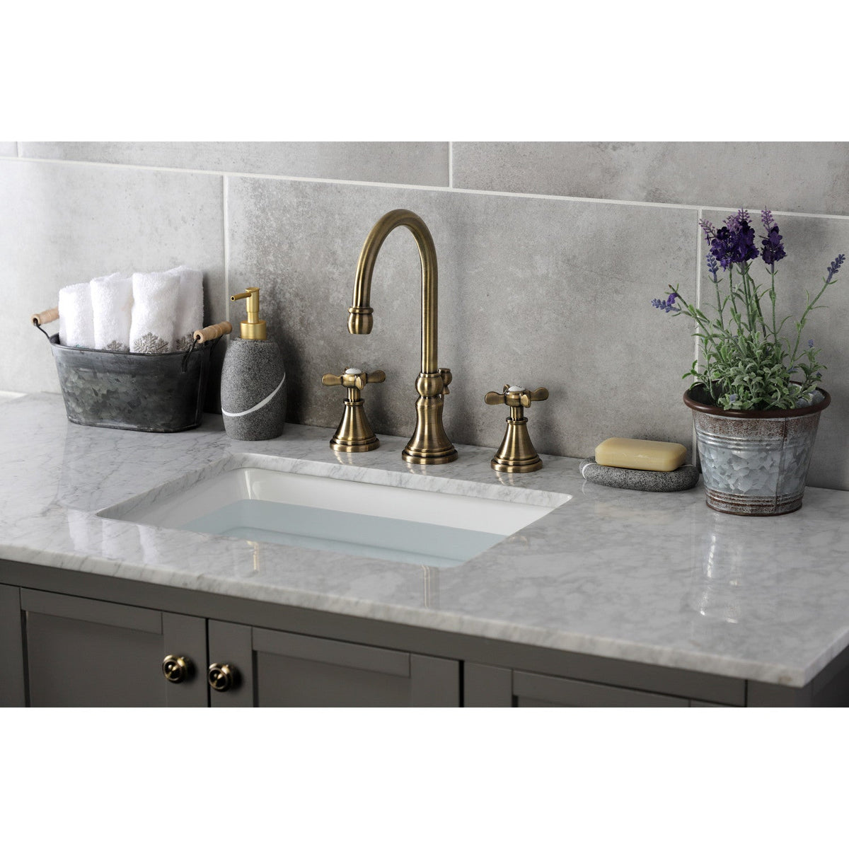 Essex Widespread Bathroom Faucet with Brass Pop-Up in Antique Brass