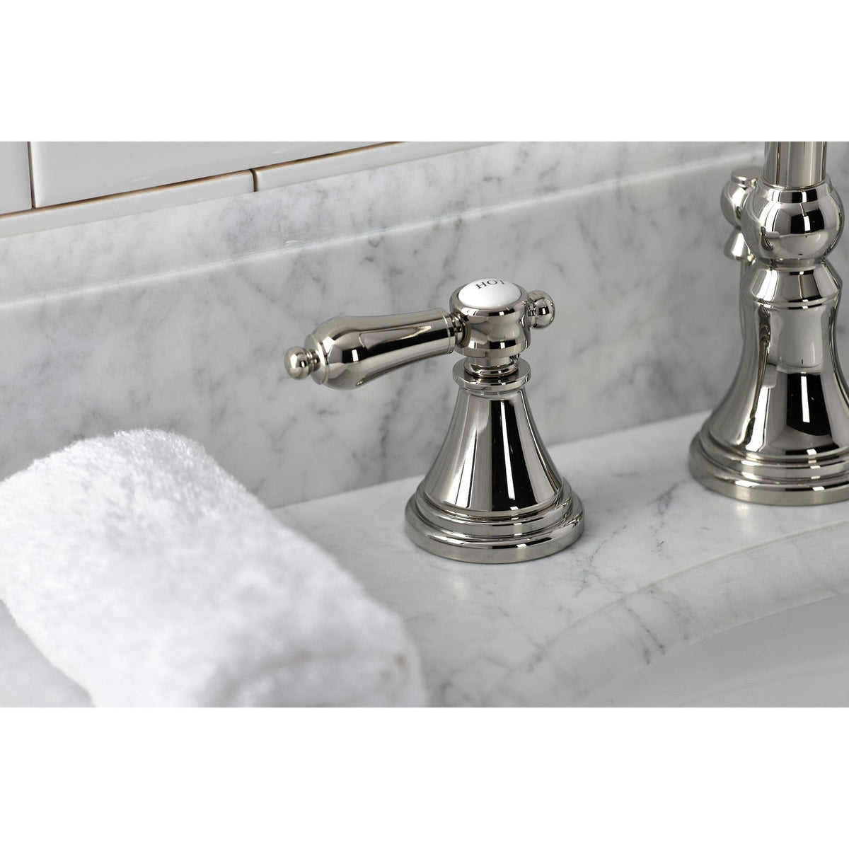 Heirloom Widespread Bathroom Faucet with Brass Pop-Up in Polished Nickel