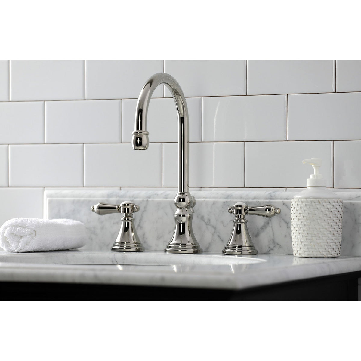 Heirloom Widespread Bathroom Faucet with Brass Pop-Up in Polished Nickel