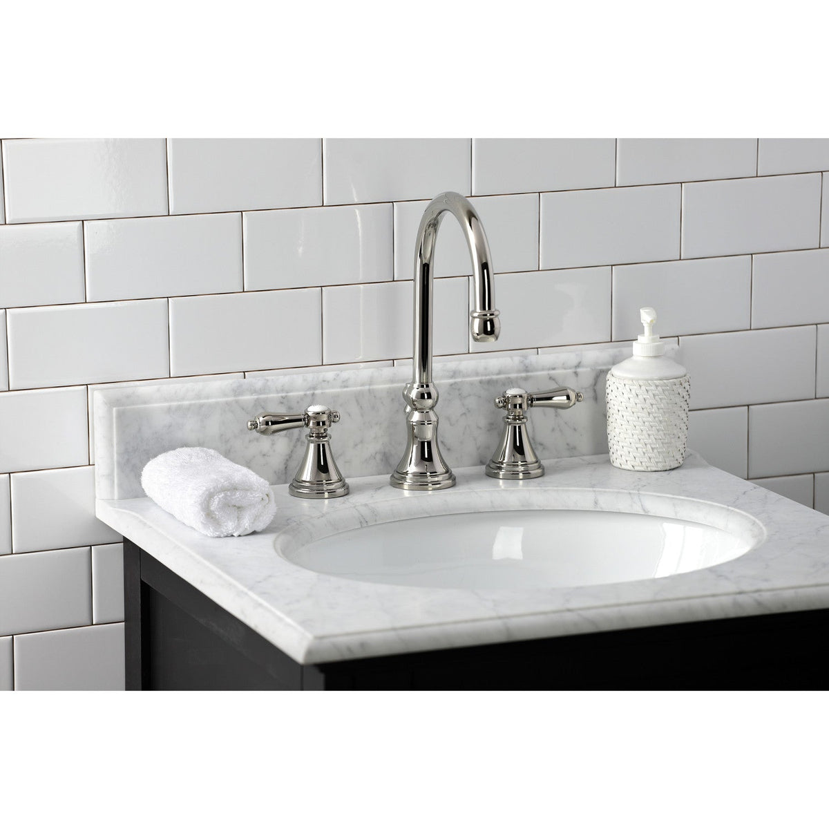 Heirloom Widespread Bathroom Faucet with Brass Pop-Up in Polished Nickel
