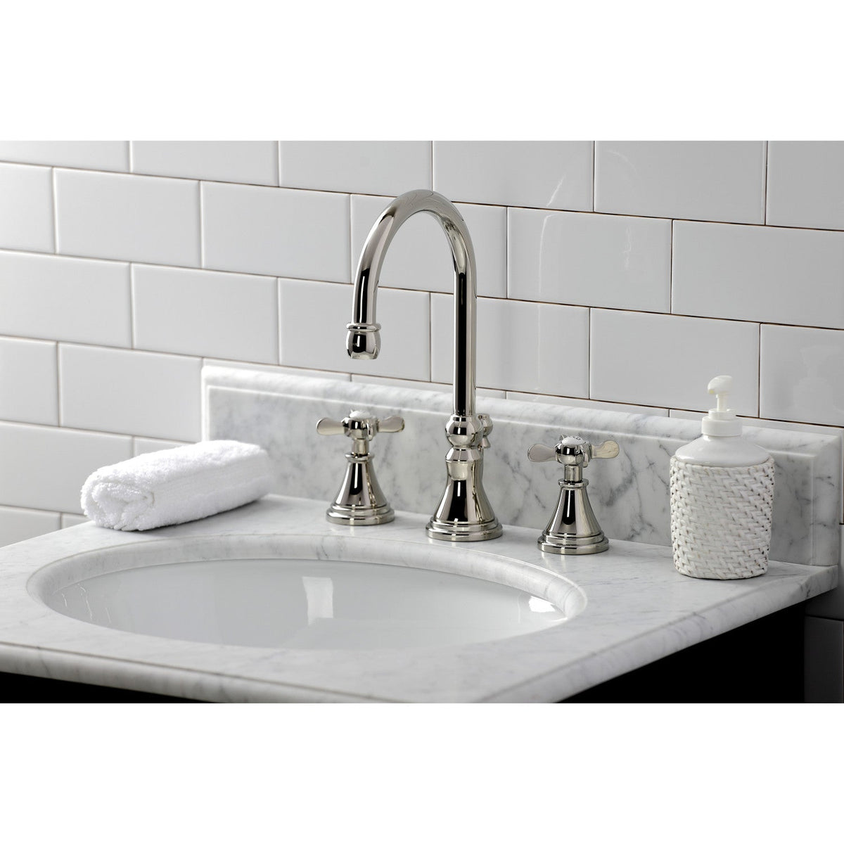 Essex Widespread Bathroom Faucet with Brass Pop-Up in Polished Nickel