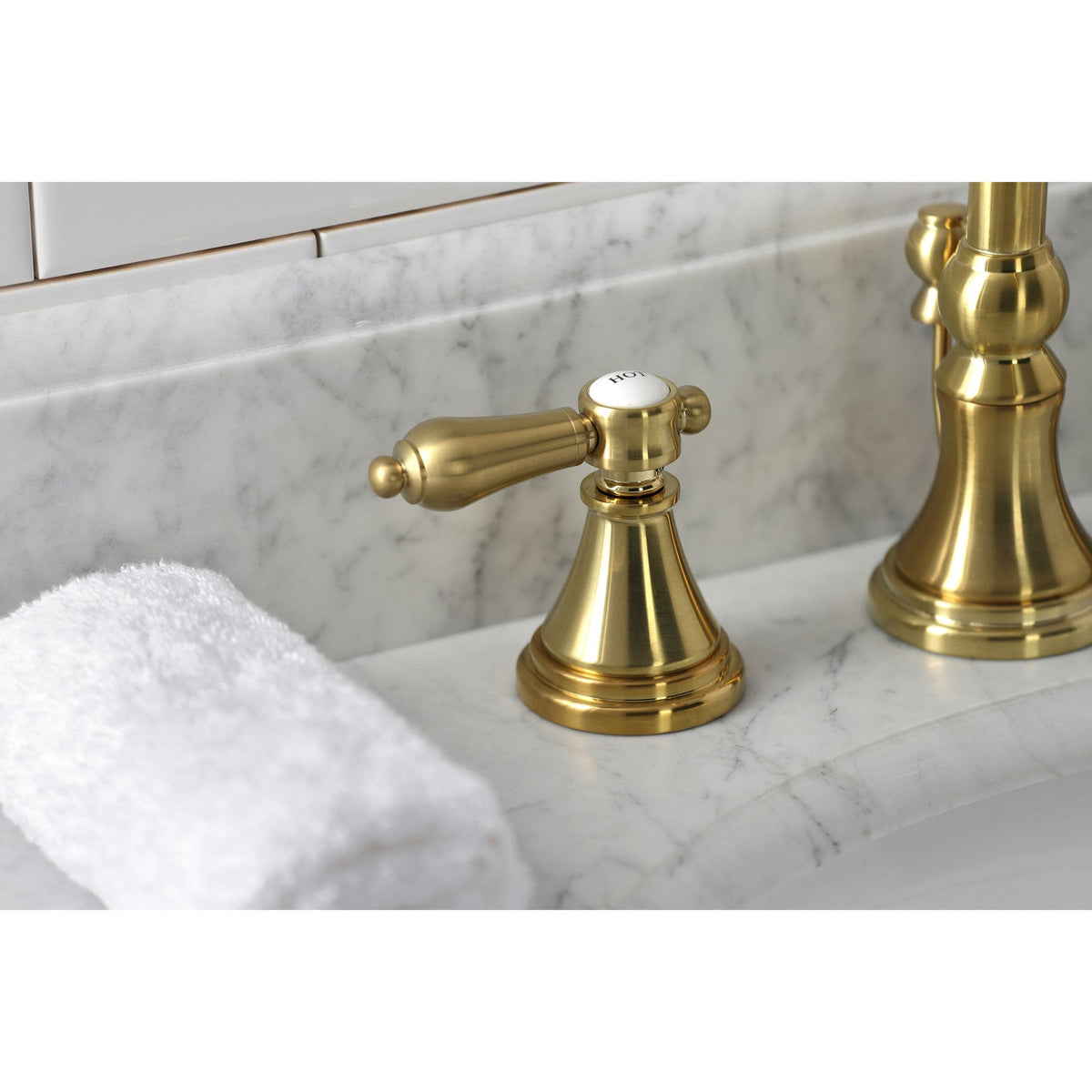 Heirloom Widespread Bathroom Faucet with Brass Pop-Up in Brushed Brass