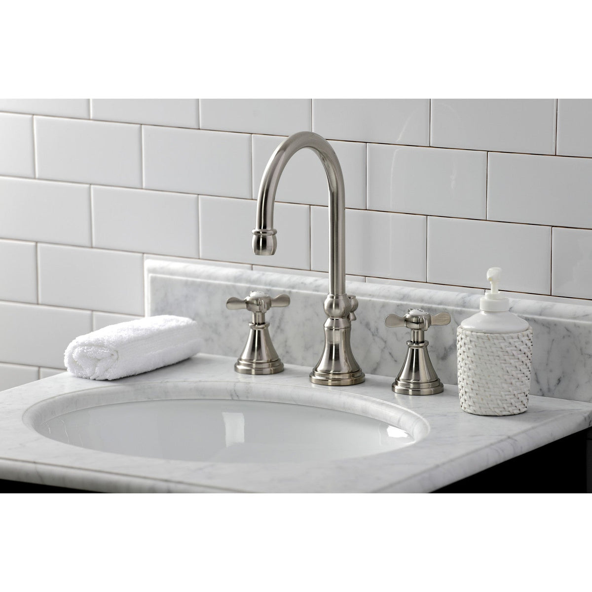 Essex Widespread Bathroom Faucet with Brass Pop-Up in Brushed Nickel