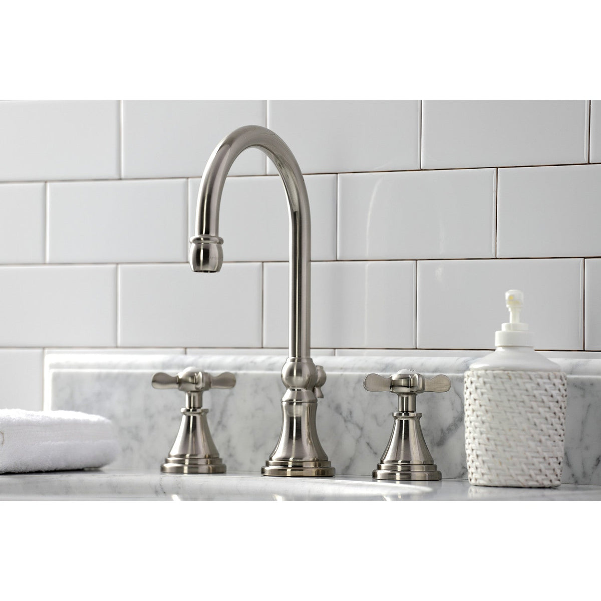 Essex Widespread Bathroom Faucet with Brass Pop-Up in Brushed Nickel