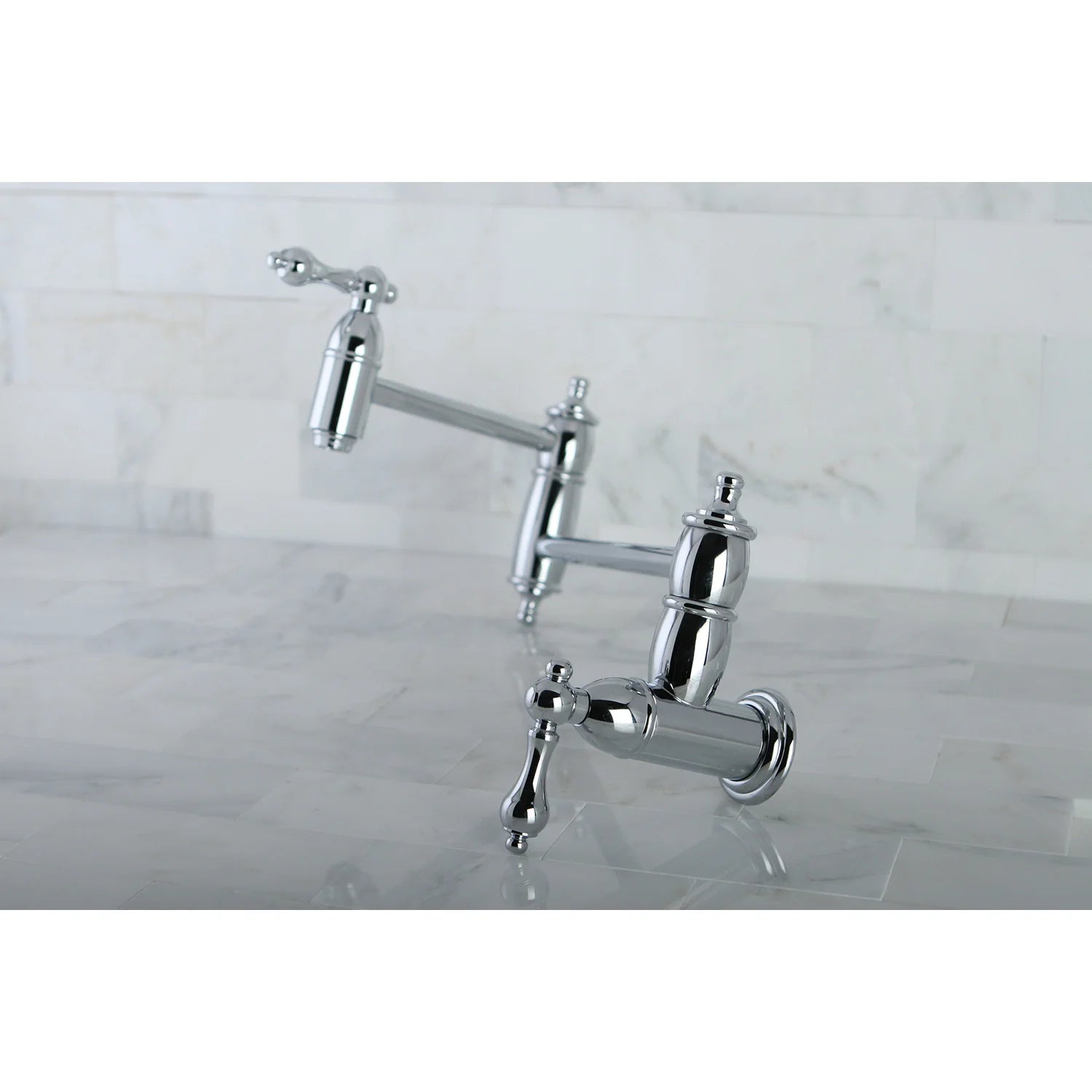 Polished chrome pot filler faucet with two arms and wall-mounted valves