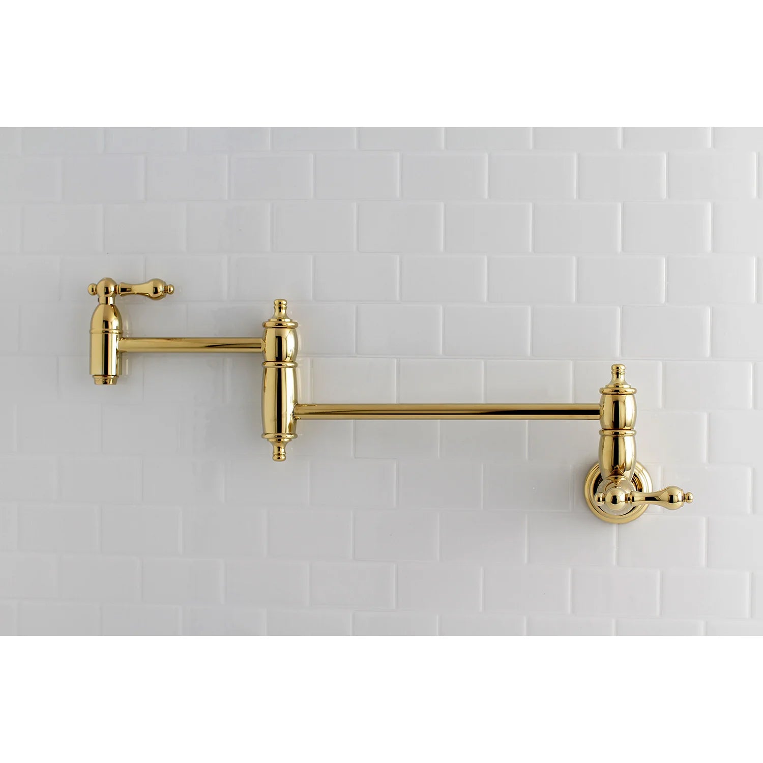 Wall-mount pot filler faucet with polished brass finish and two outlet arms