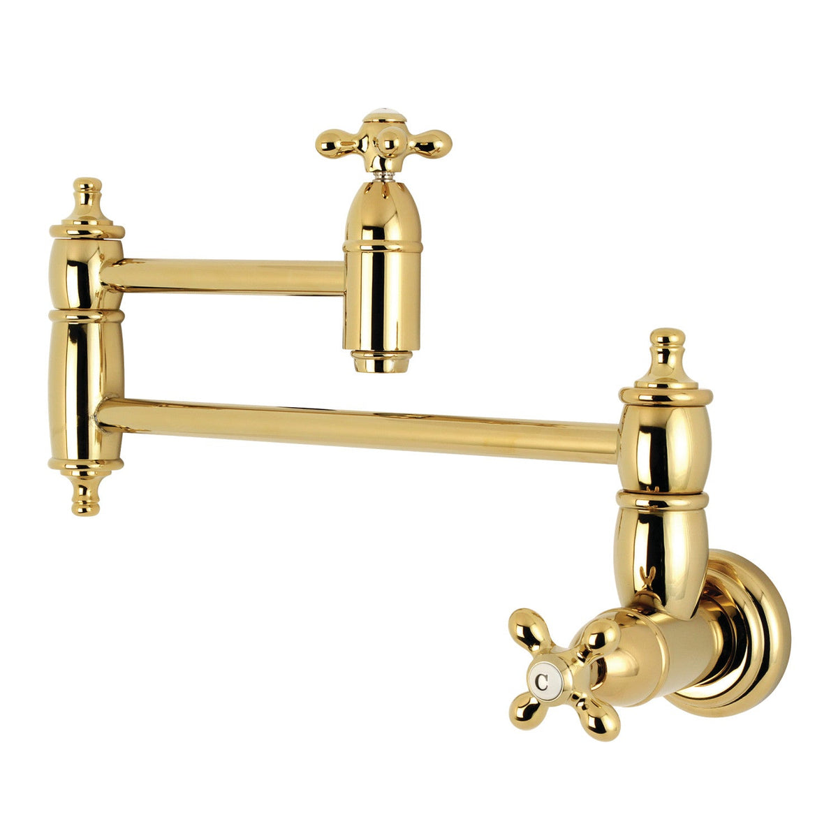Restoration Wall Mount Pot Filler Faucet in Polished Brass