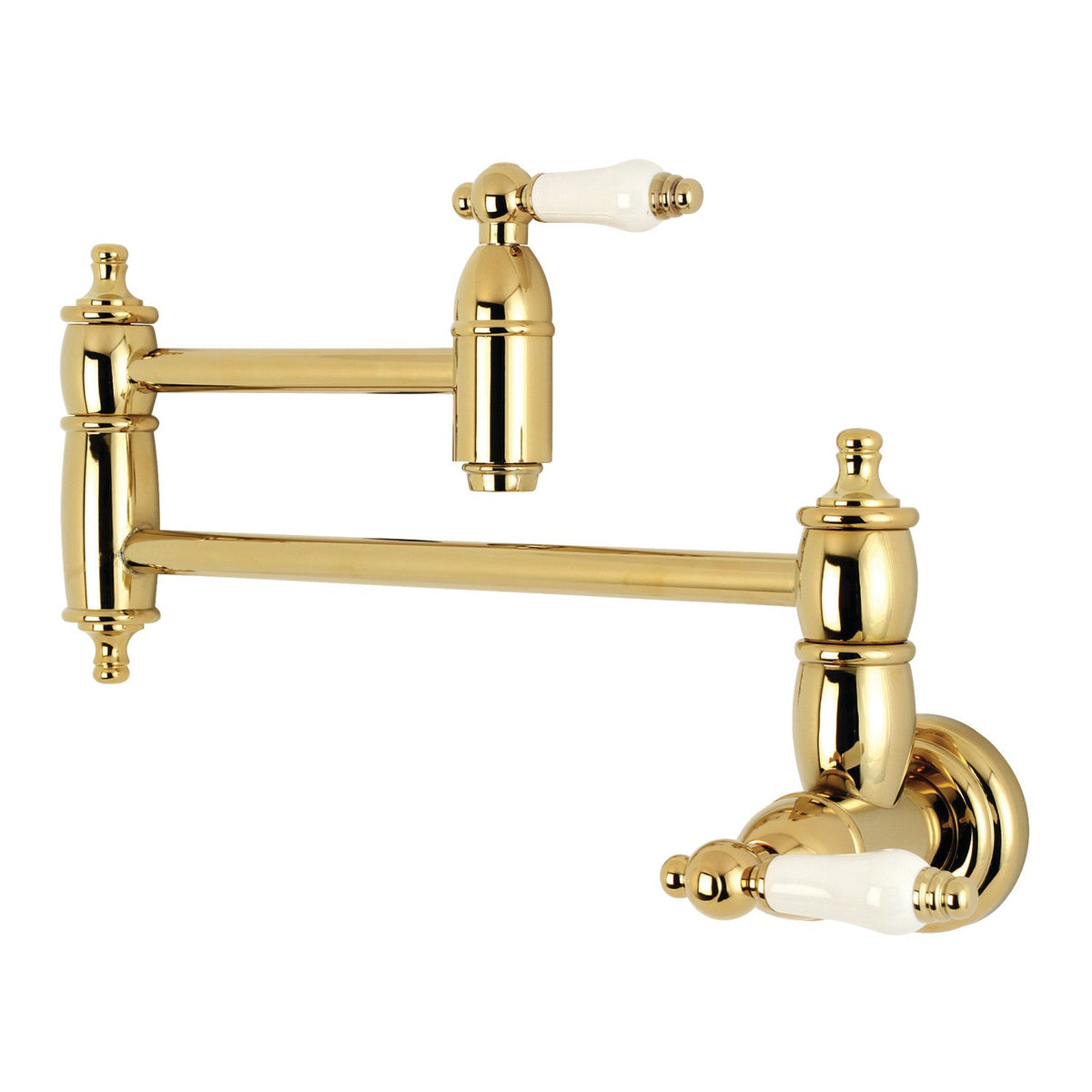 Restoration Wall Mount Pot Filler Faucet in Polished Brass