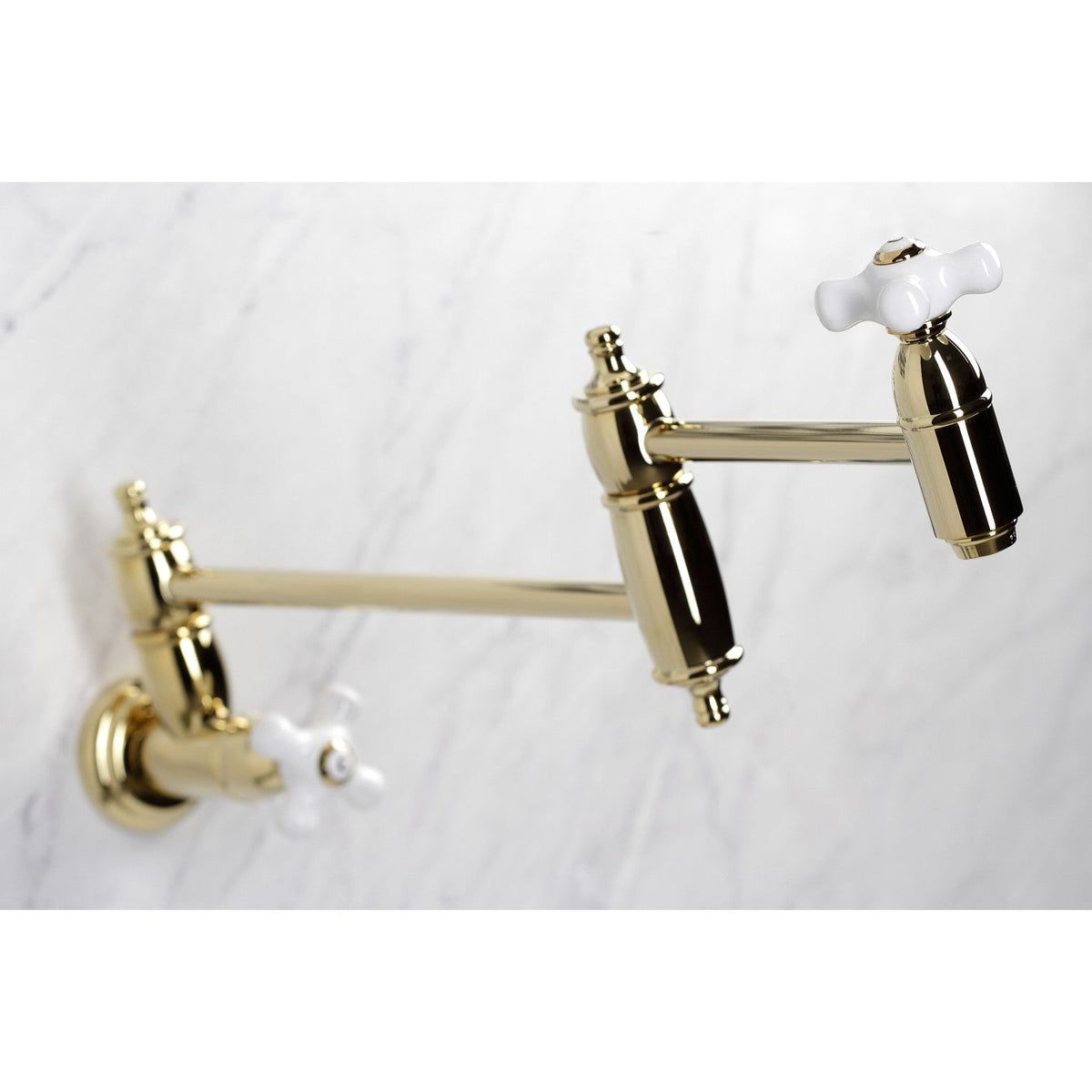 Restoration Wall Mount Pot Filler Faucet in Polished Brass