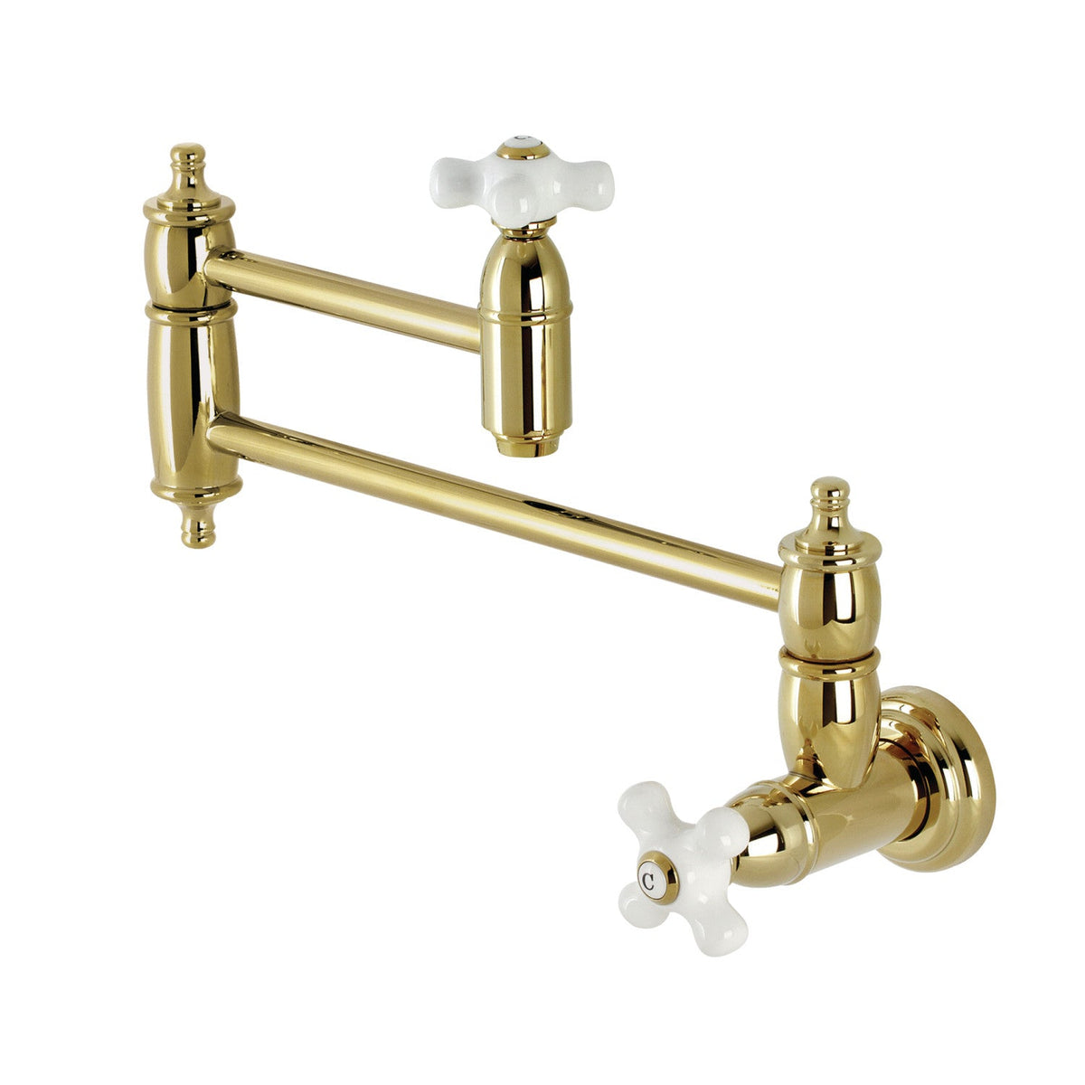 Restoration Wall Mount Pot Filler Faucet in Polished Brass