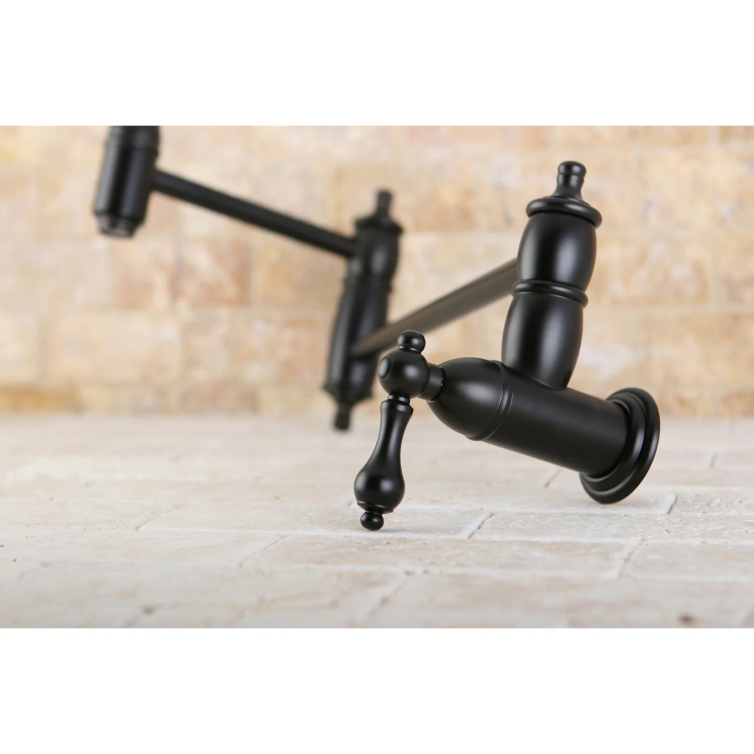 Wall-mount pot filler faucet with arched spout and cross handles, oil-rubbed bronze