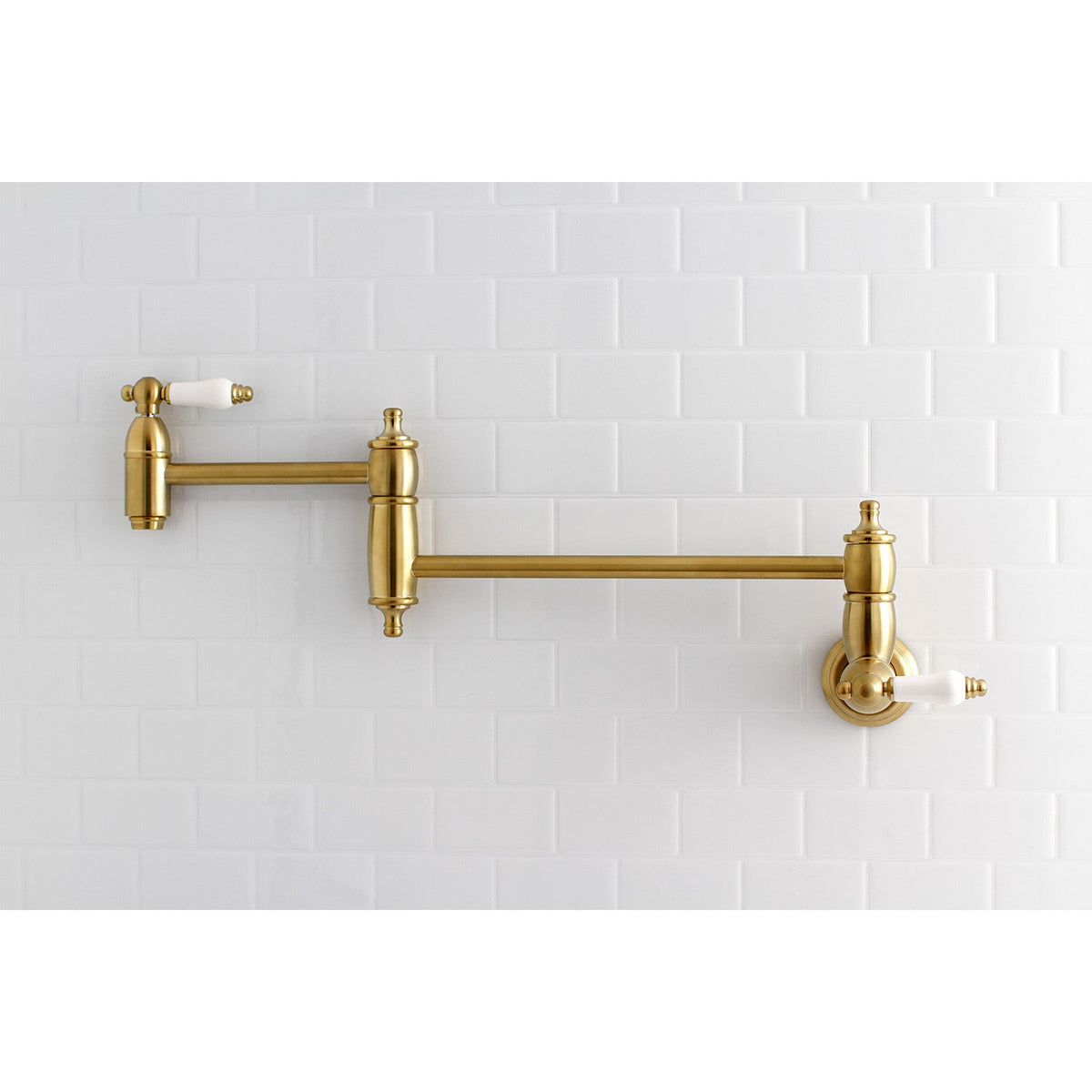 Restoration Wall Mount Pot Filler Faucet in Brushed Brass