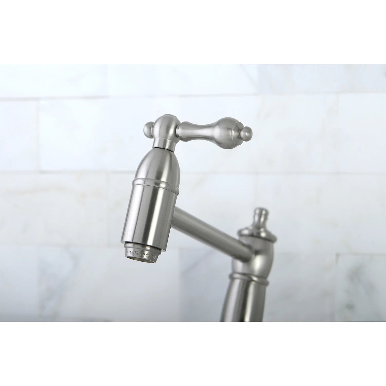 Wall-mounted pot filler faucet with brushed nickel spout and lever handle