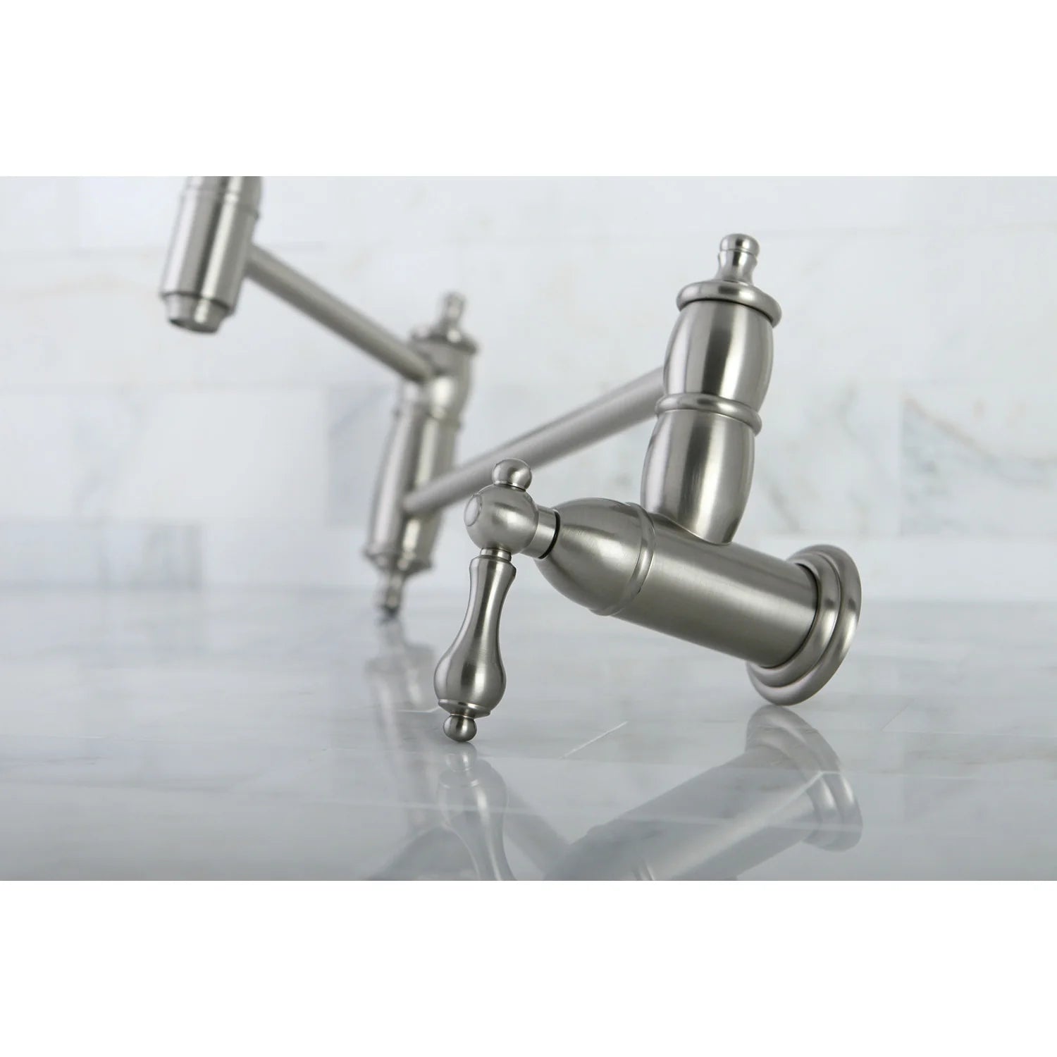 Wall-mounted pot filler faucet, brushed nickel, angled view of curved outlets