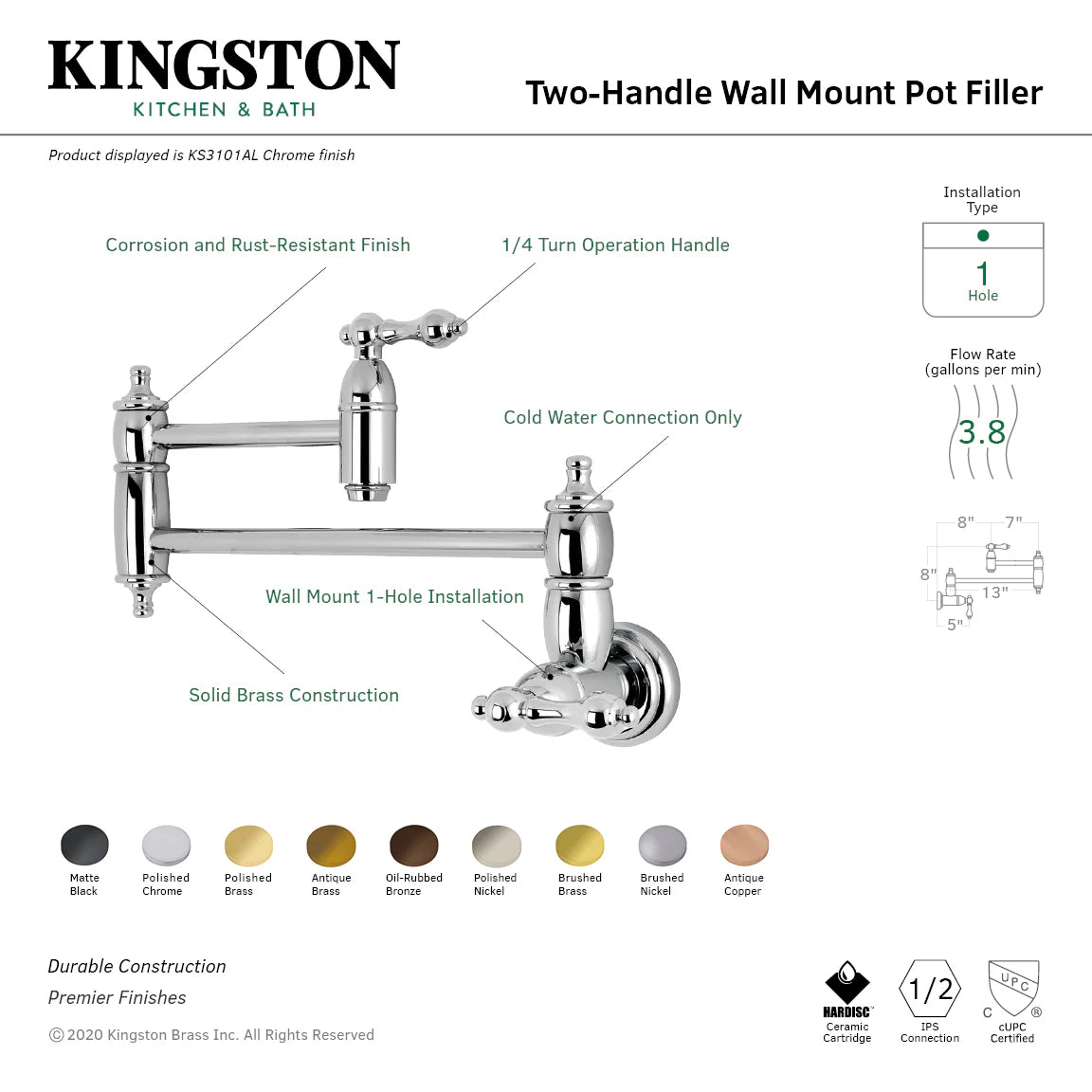 Wall-mount pot filler faucet diagram with 2 handles and installation specs