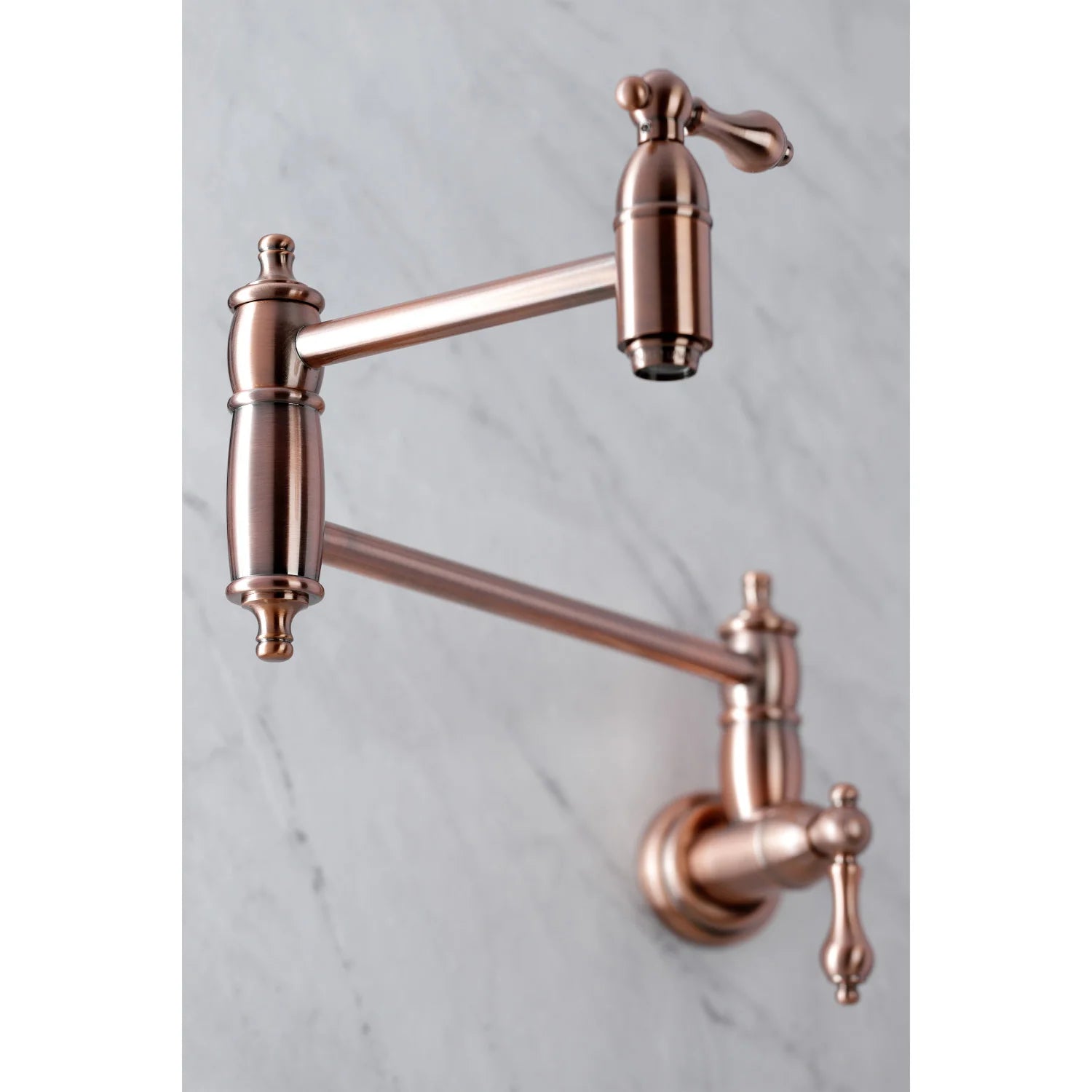 Antique copper pot filler faucet with tall spout, lever handle, and wall-mounted inlets
