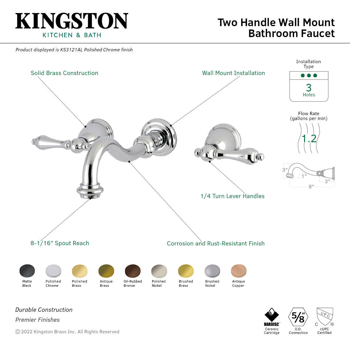 Vintage Double-Handle Wall Mount Bathroom Faucet in Matte Black