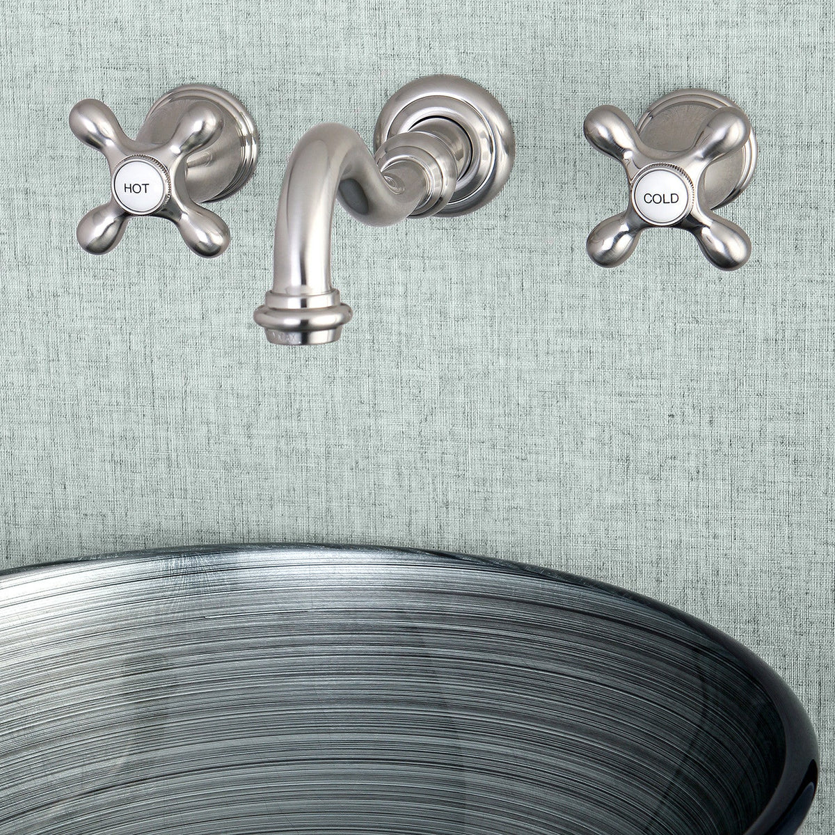 Vintage Double-Handle Wall Mount Bathroom Faucet in Brushed Nickel