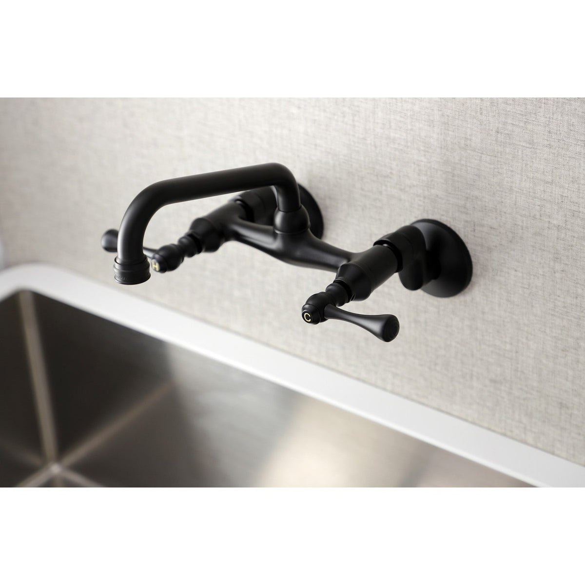 Kingston Double-Handle Wall-Mount Bridge Kitchen Faucet in Matte Black