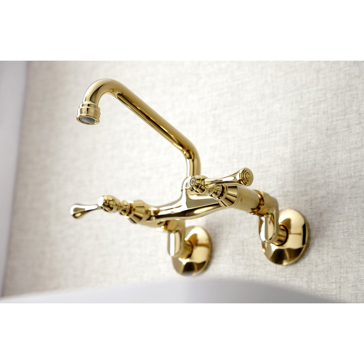 Kingston Double-Handle Wall-Mount Bridge Kitchen Faucet in Polished Brass