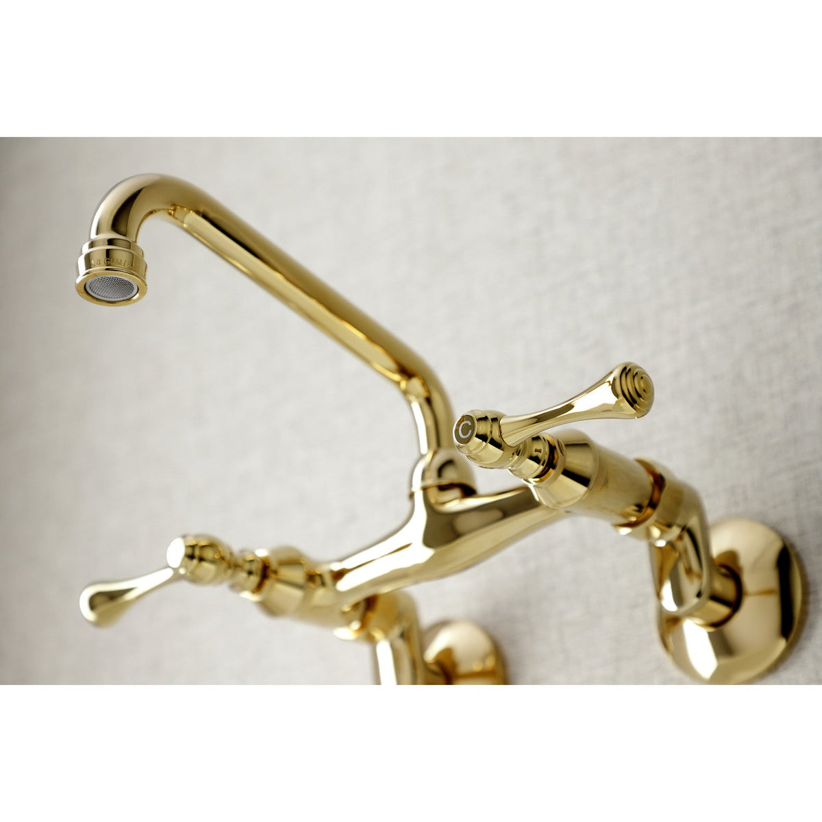 Kingston Double-Handle Wall-Mount Bridge Kitchen Faucet in Polished Brass