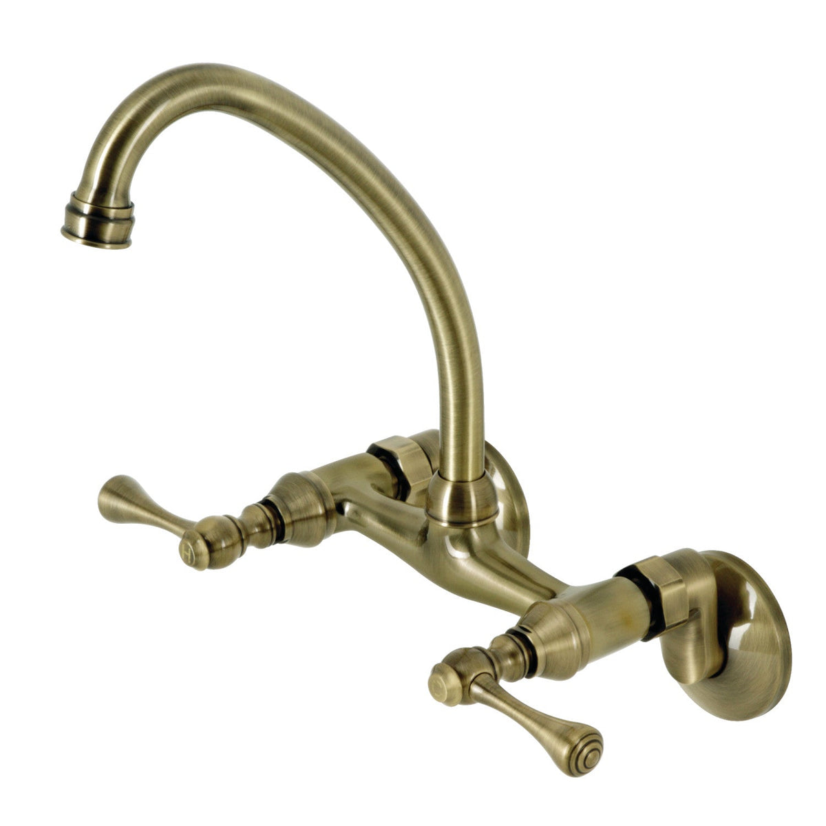 Kingston Double-Handle Wall-Mount Bridge Kitchen Faucet in Antique Brass