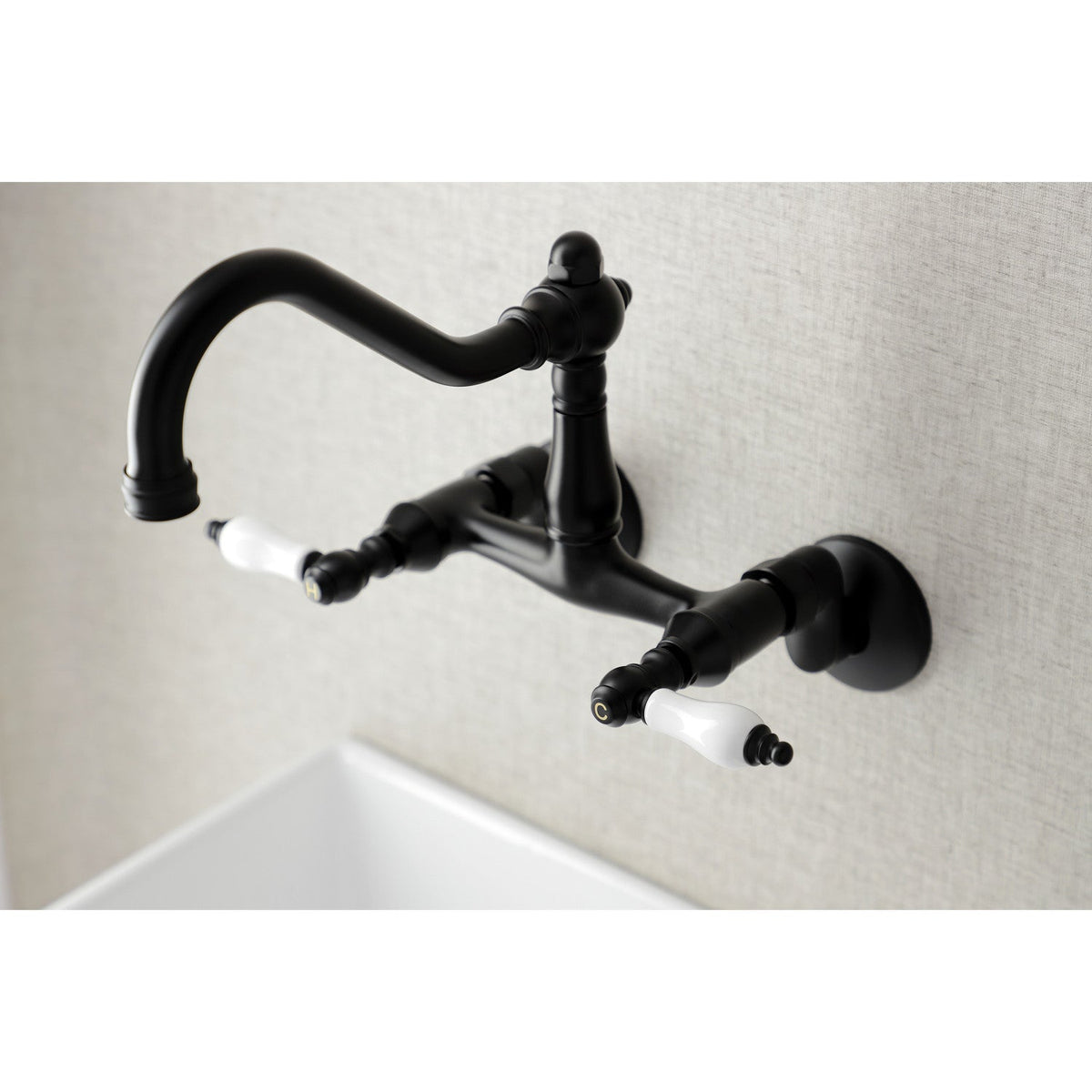 Vintage Double-Handle Wall-Mount Bridge Kitchen Faucet in Matte Black
