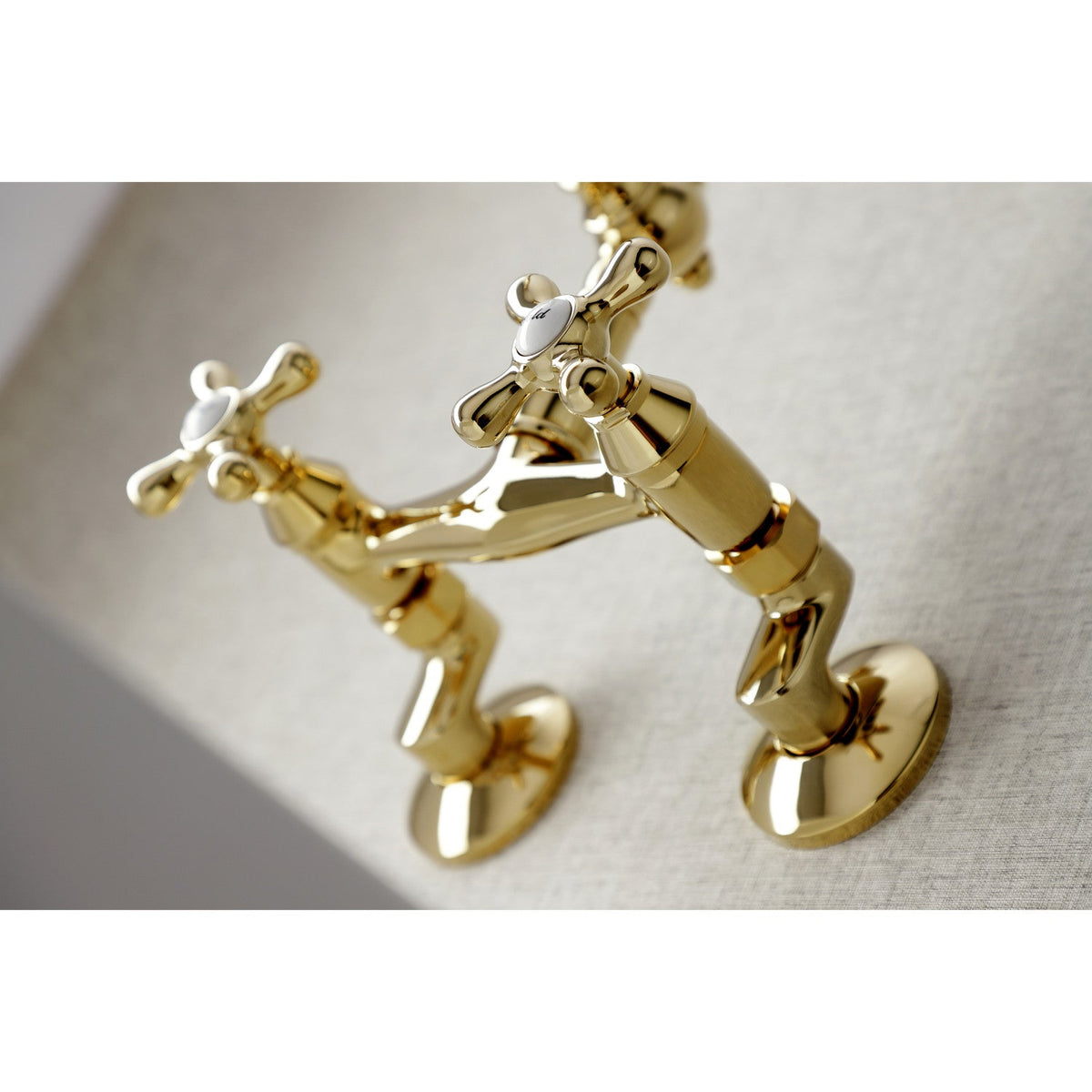 Vintage Double-Handle Wall-Mount Bridge Kitchen Faucet in Polished Brass