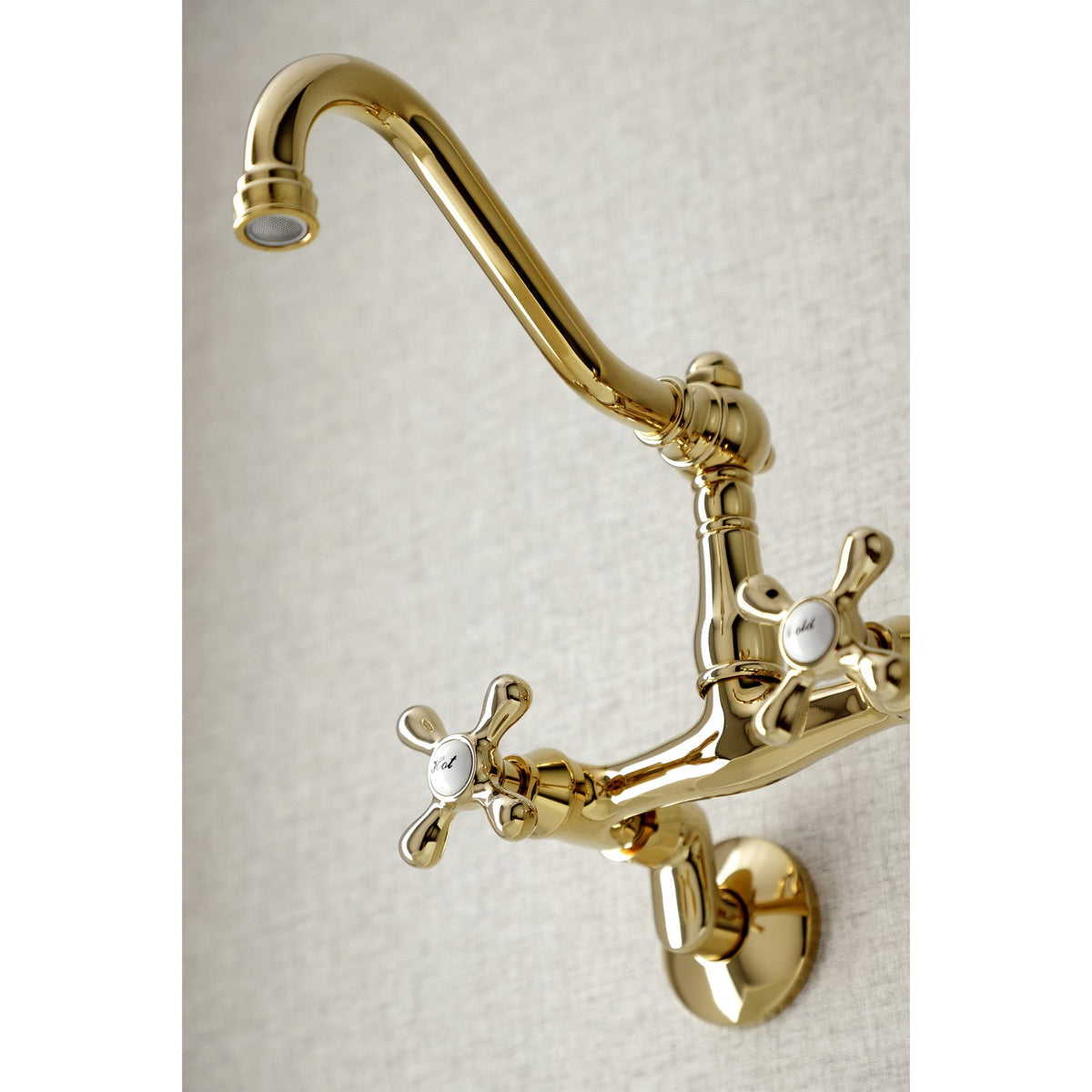 Vintage Double-Handle Wall-Mount Bridge Kitchen Faucet in Polished Brass