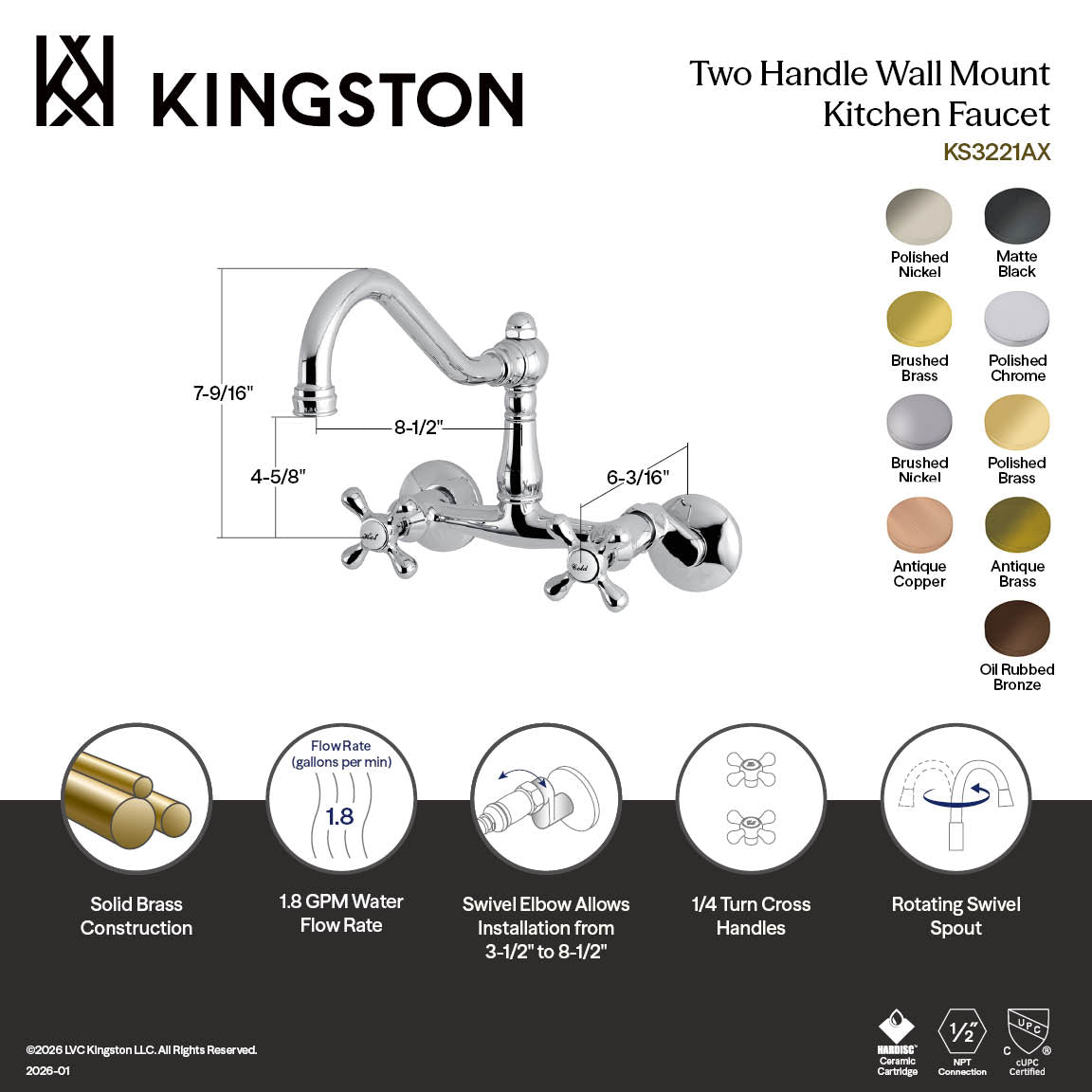Vintage Double-Handle Wall-Mount Bridge Kitchen Faucet in Antique Brass