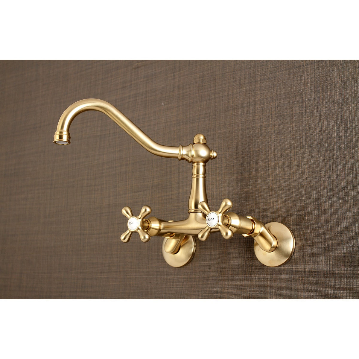 Vintage Double-Handle Wall-Mount Bridge Kitchen Faucet in Brushed Brass