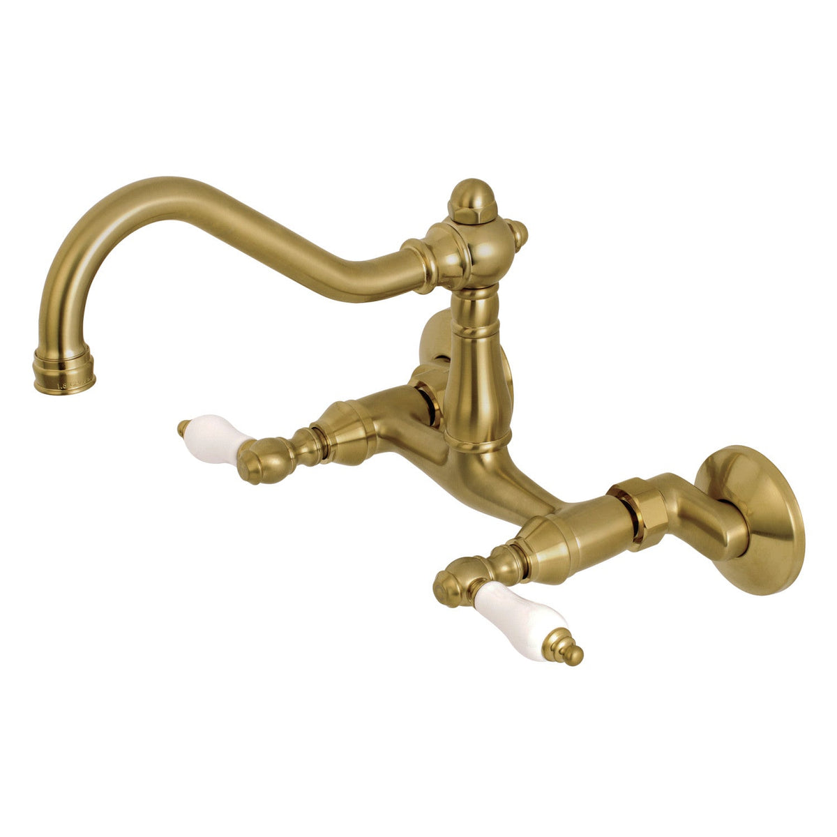 Vintage Double-Handle Wall-Mount Bridge Kitchen Faucet in Brushed Brass
