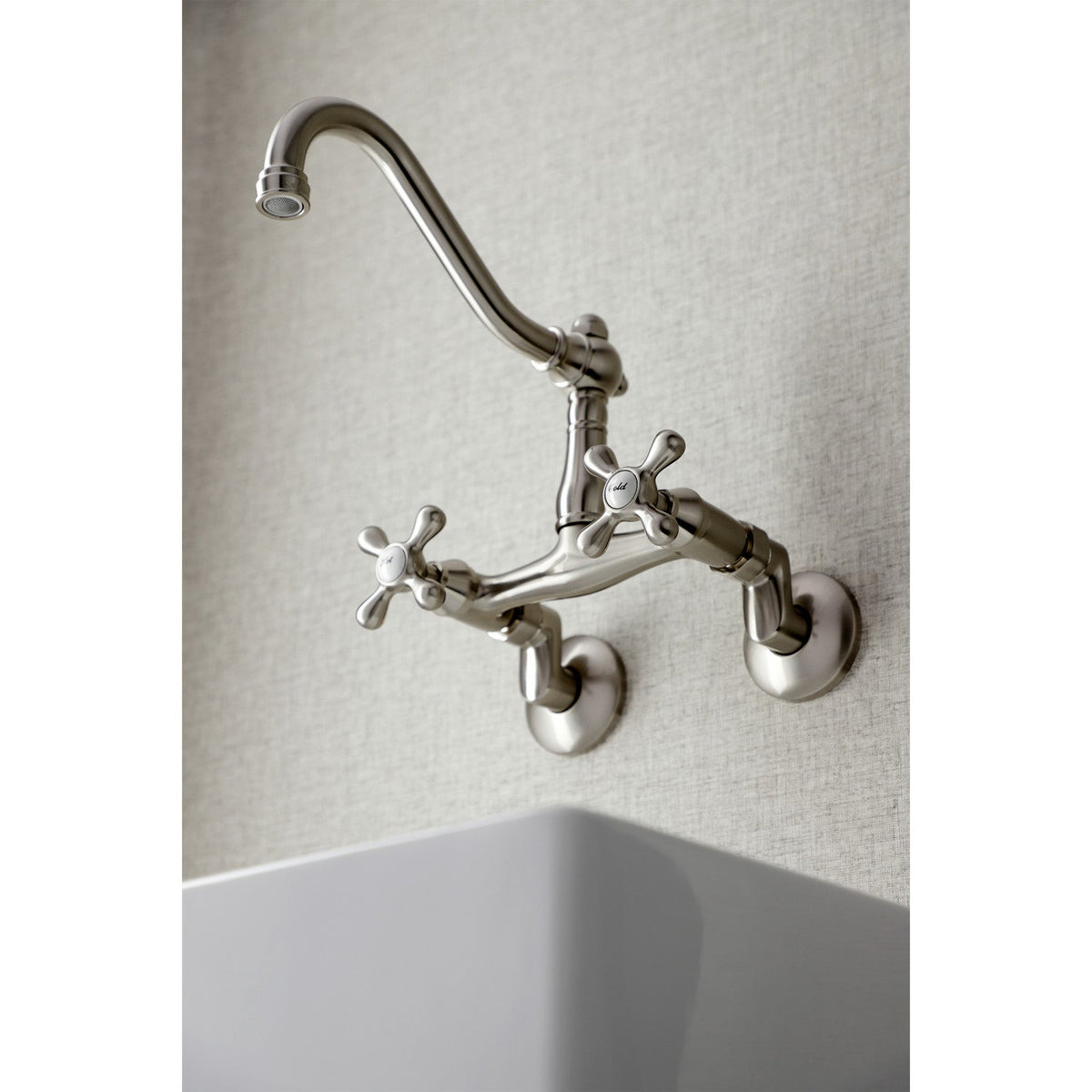 Vintage Double-Handle Wall-Mount Bridge Kitchen Faucet in Brushed Nickel