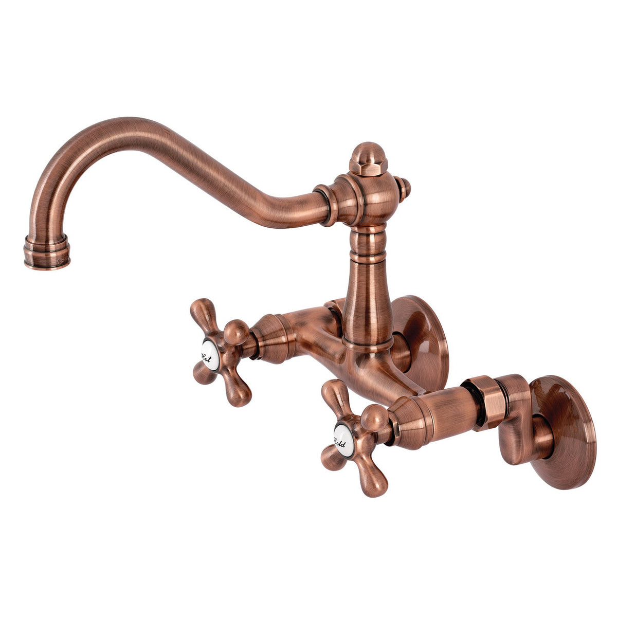 Vintage Double-Handle Wall-Mount Bridge Kitchen Faucet in Antique Copper
